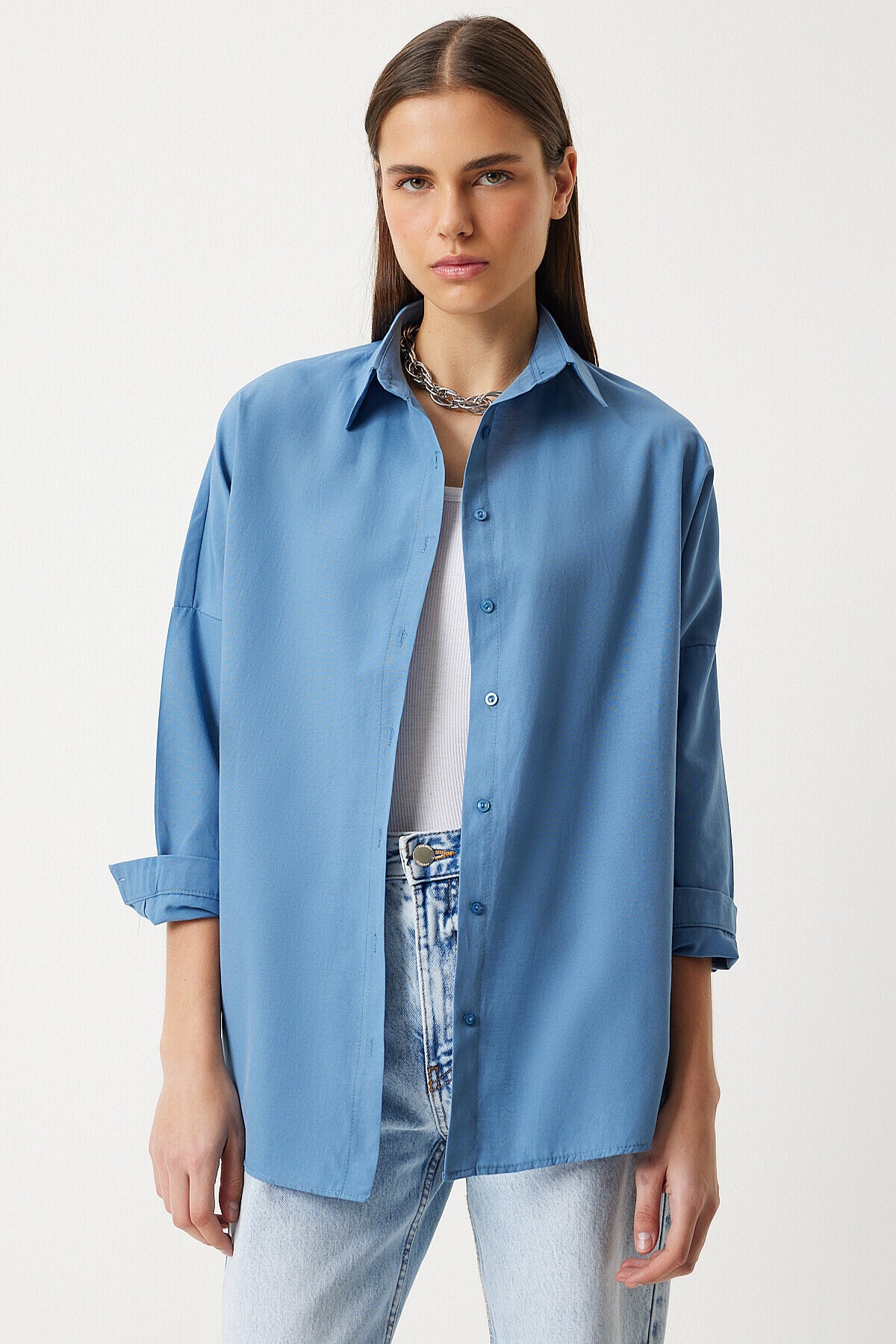 Oversize Basic Gömlek İNDİGO MAVİ LDD0003