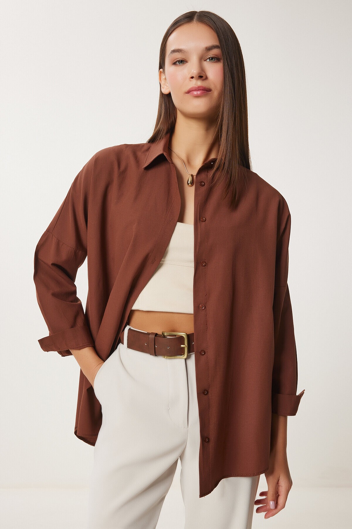 Oversize Basic Gömlek KAHVERENGİ LDD0003