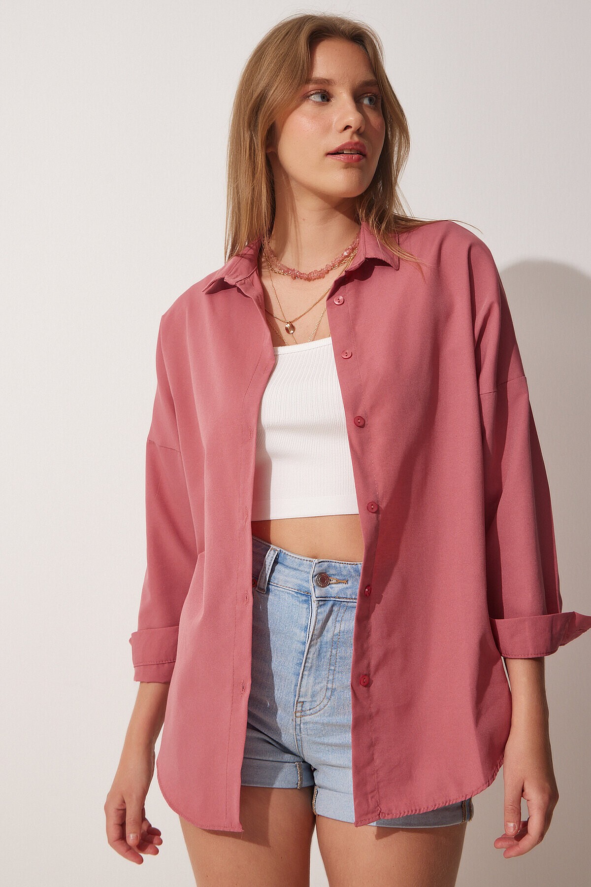 Oversize Basic Gömlek KOYU GÜL KURUSU LDD0003