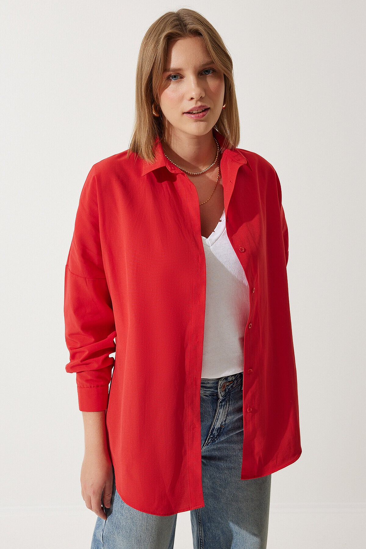 Oversize Basic Gömlek ORTA KIRMIZI LDD0003