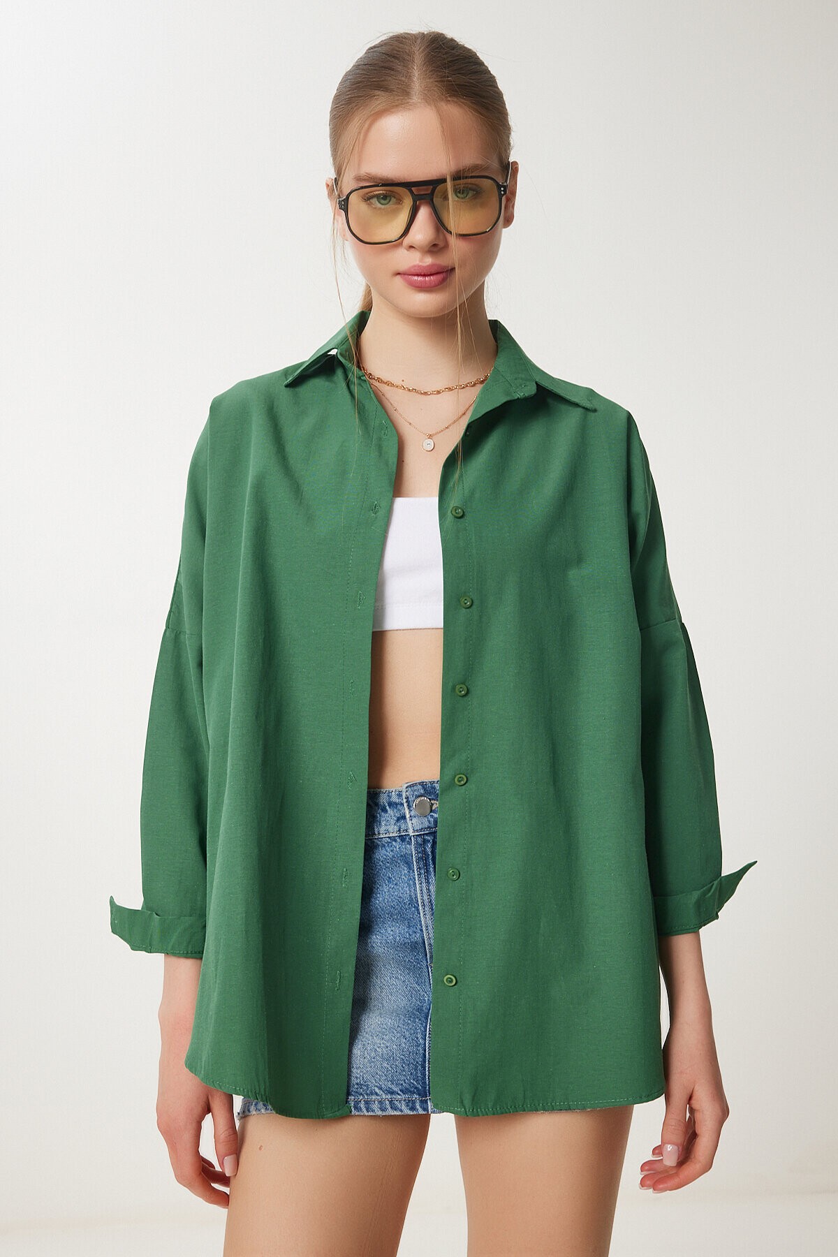 Oversize Basic Gömlek ZÜMRÜT YEŞİLİ LDD0003