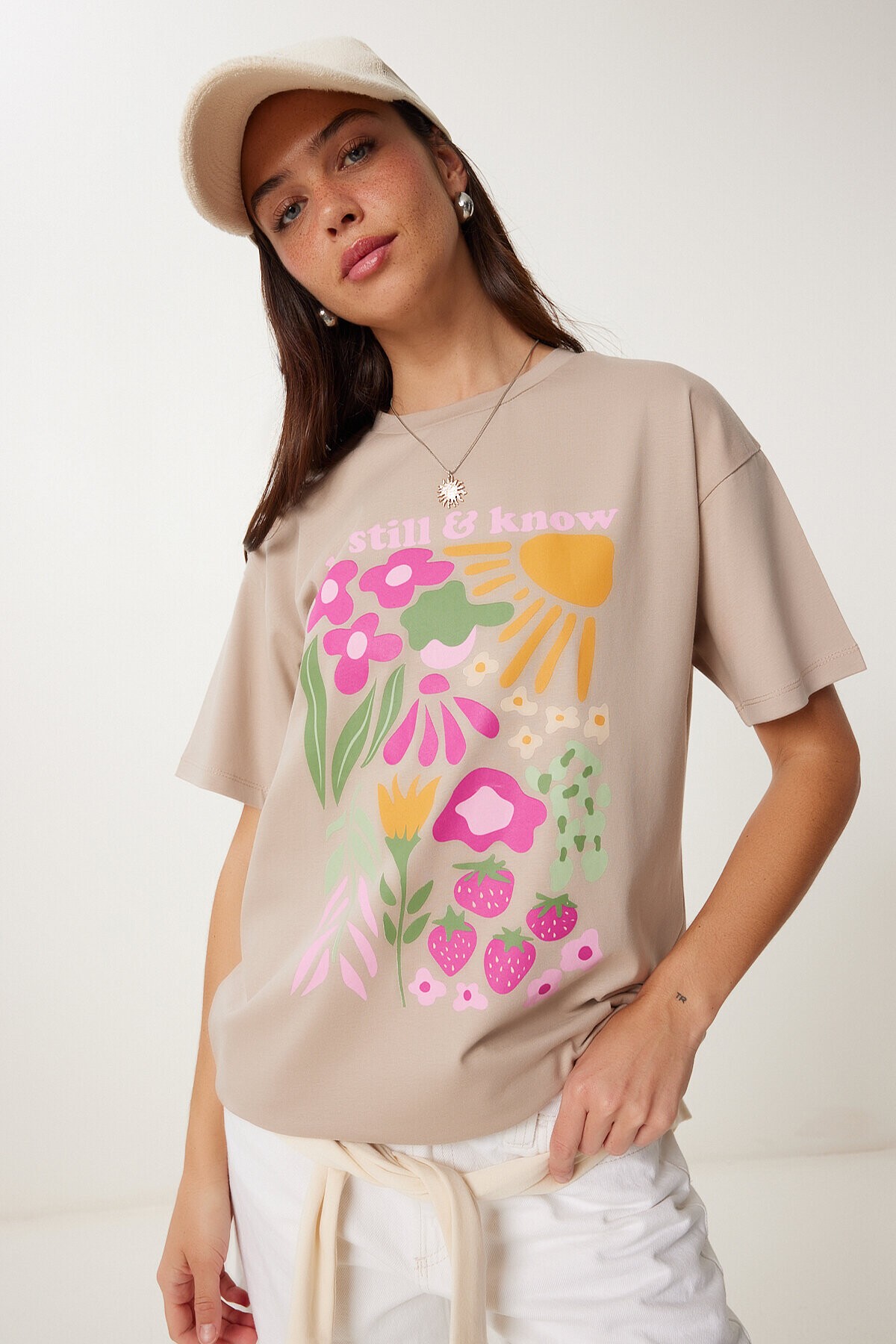 Oversize Baskılı Örme T-shirt BEJ LCR0068