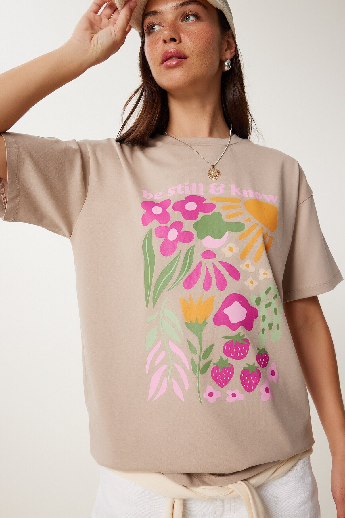 Oversize Baskılı Örme T-shirt BEJ LCR0068