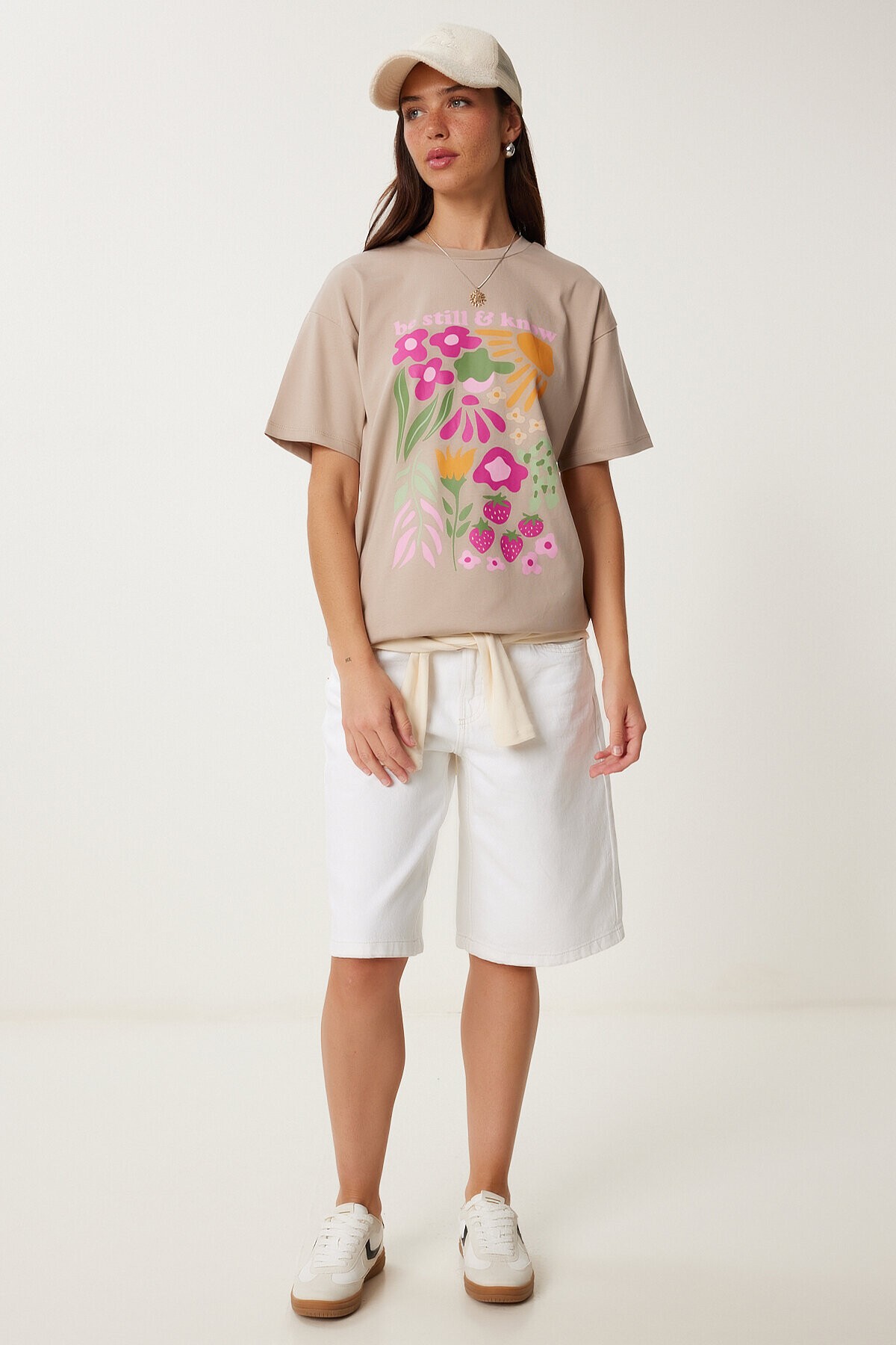 Oversize Baskılı Örme T-shirt BEJ LCR0068