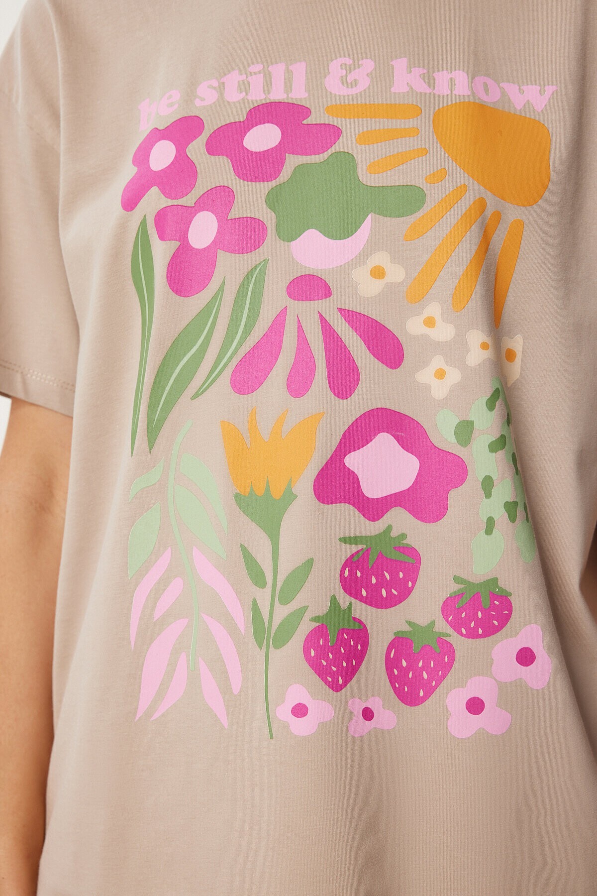Oversize Baskılı Örme T-shirt BEJ LCR0068