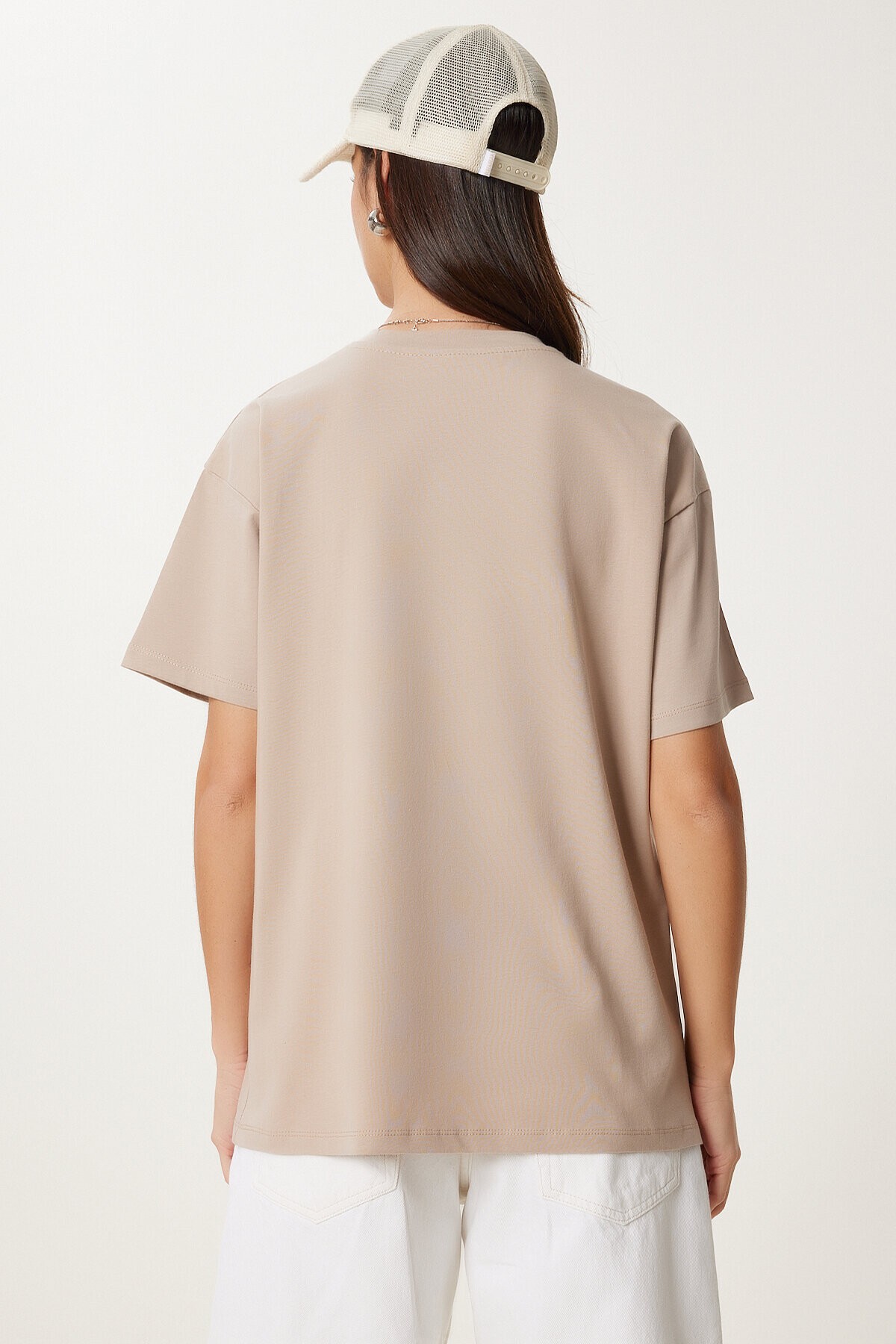 Oversize Baskılı Örme T-shirt BEJ LCR0068