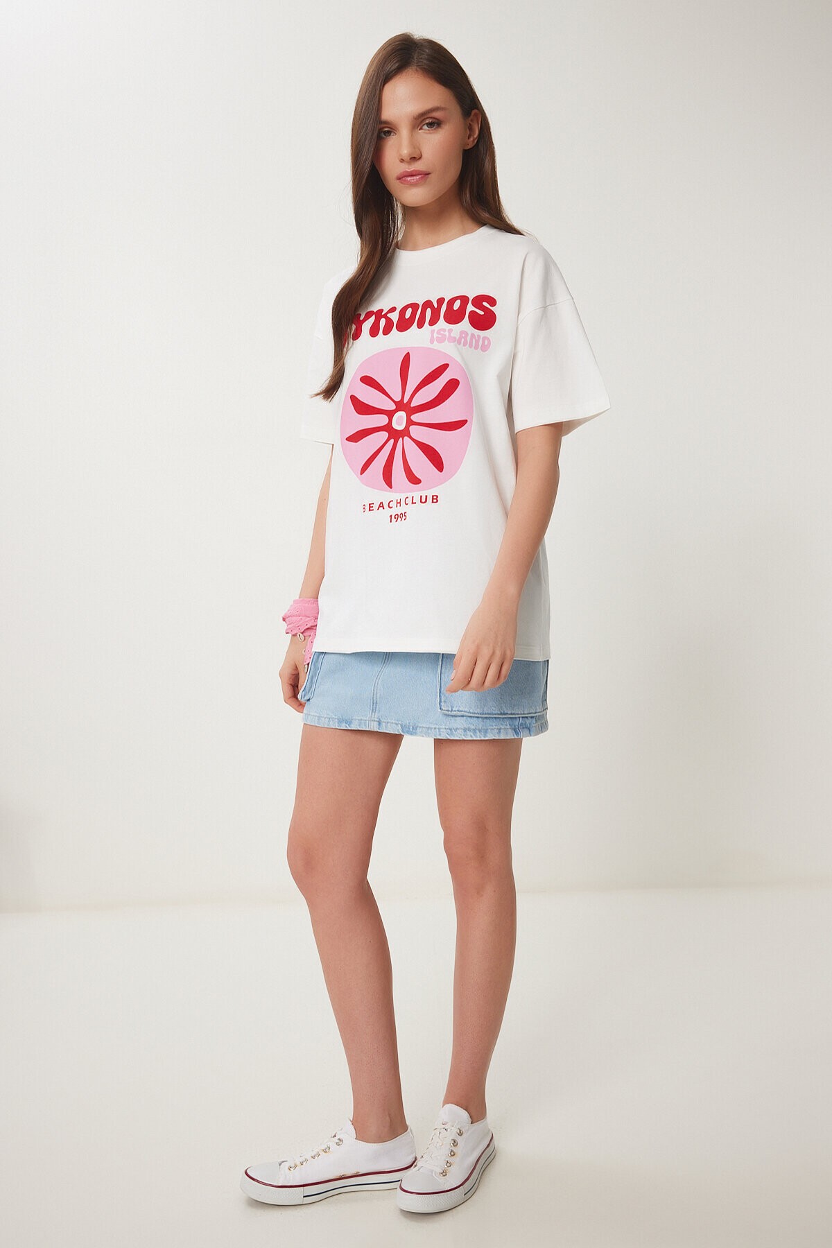 Oversize Baskılı Örme T-shirt EKRU LCR0060