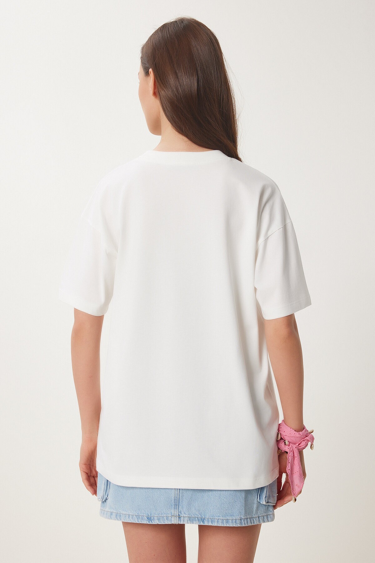 Oversize Baskılı Örme T-shirt EKRU LCR0060