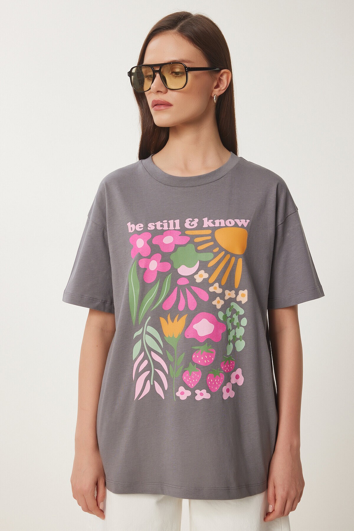 Oversize Baskılı Örme T-shirt FÜME LCR0068