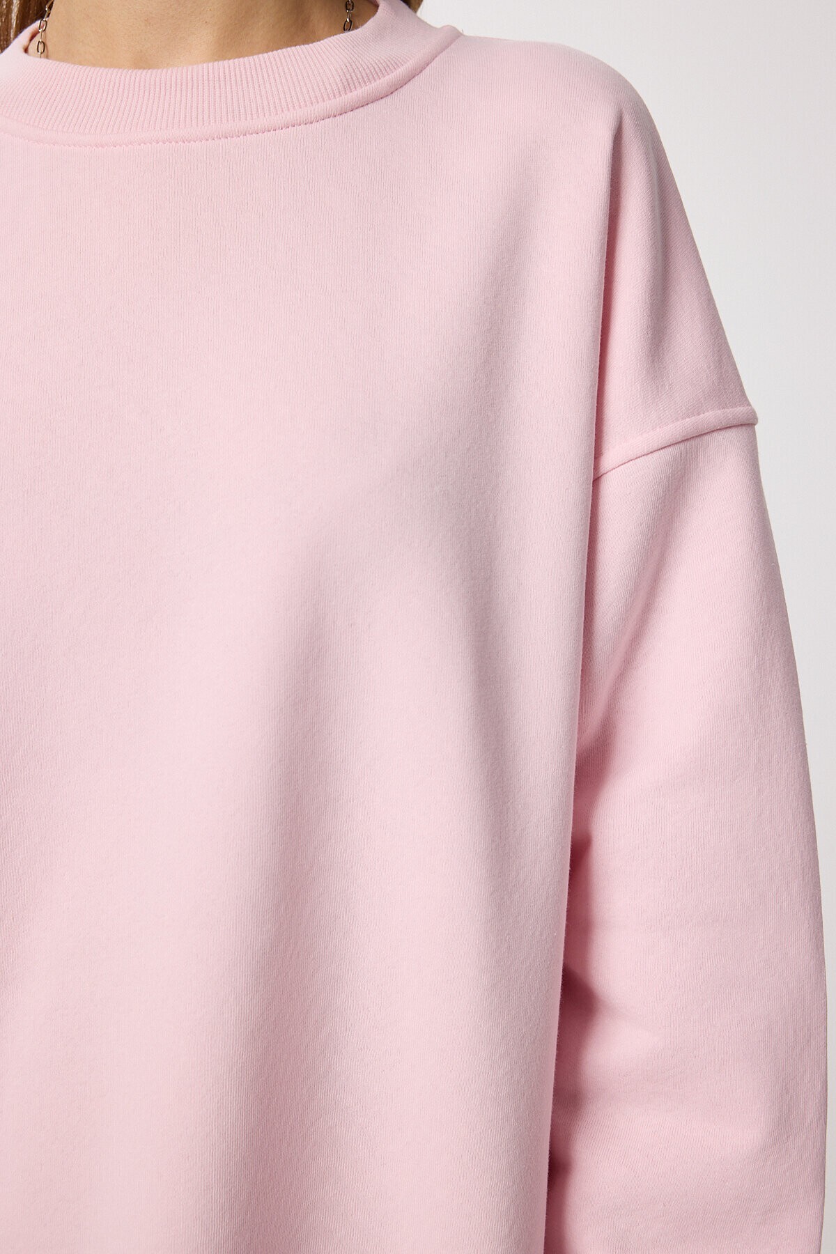 Oversize Şardonlu Örme Sweatshirt ŞEKER PEMBE LCR0097