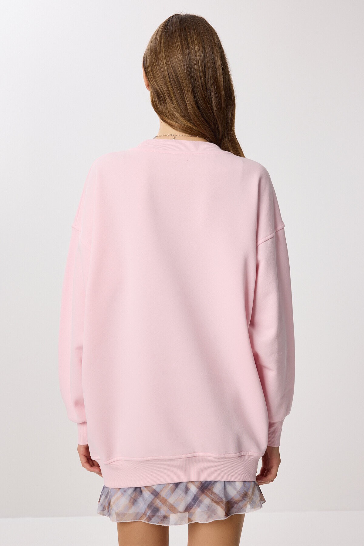 Oversize Şardonlu Örme Sweatshirt ŞEKER PEMBE LCR0097