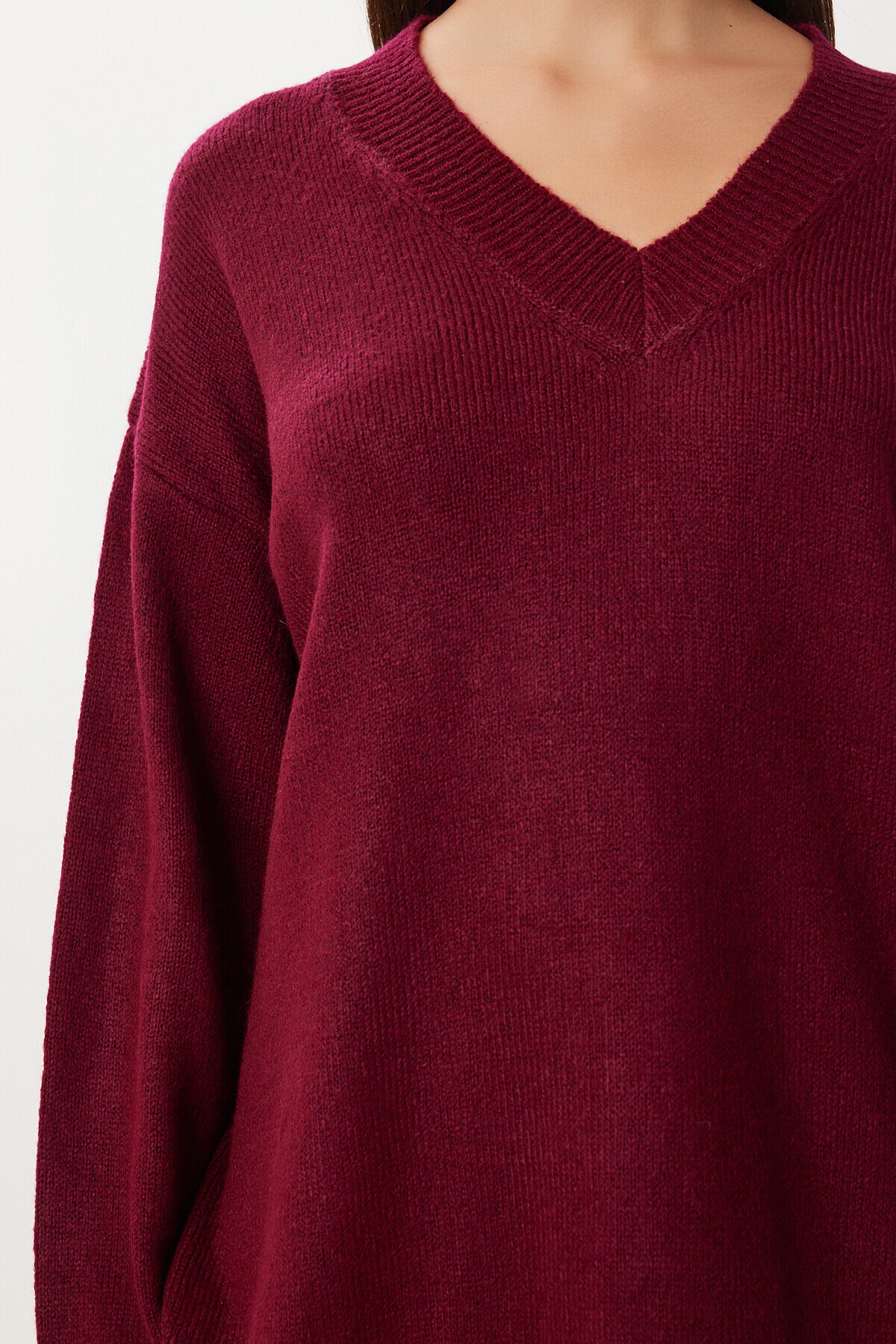 Oversize V Yaka Yumuşak Triko Kazak BORDO LCI0056