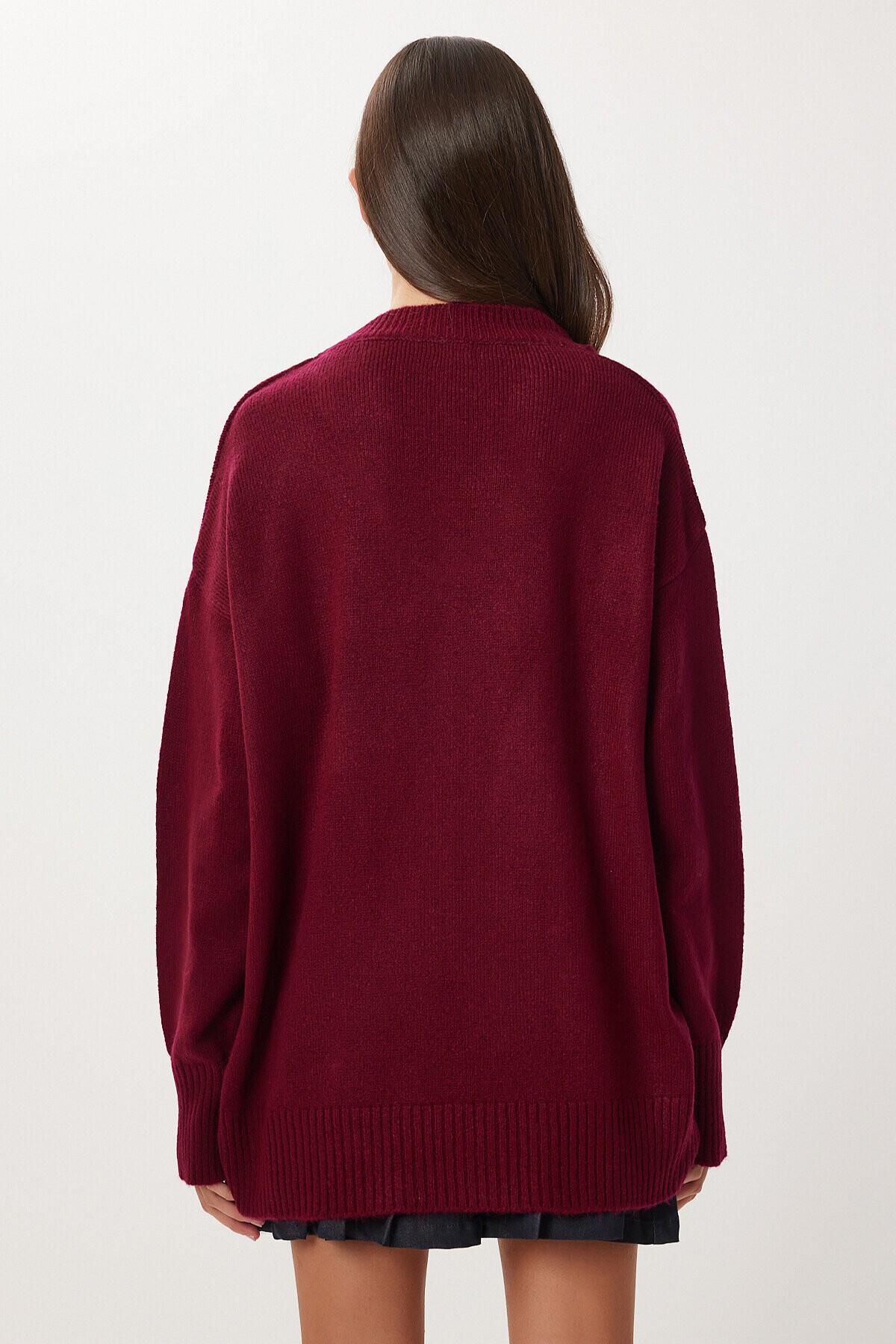 Oversize V Yaka Yumuşak Triko Kazak BORDO LCI0056