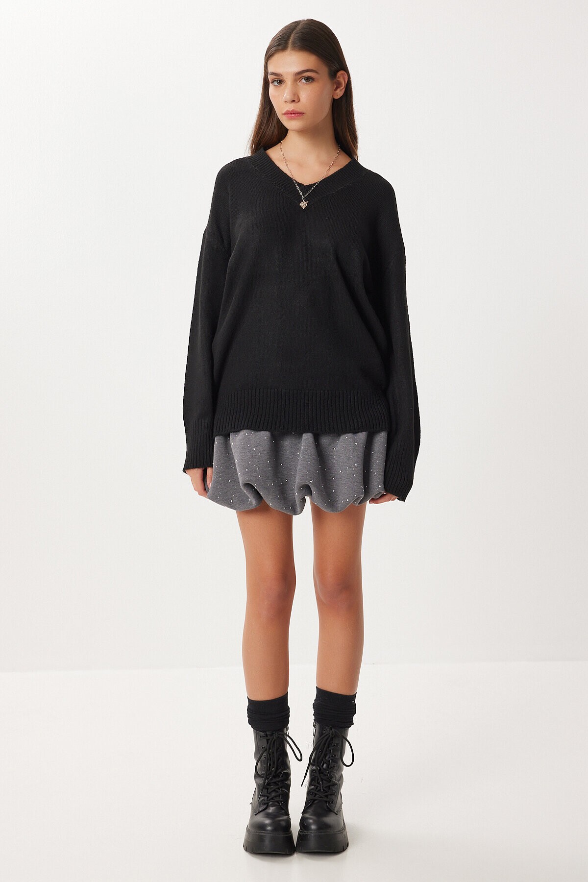 Oversize V Yaka Yumuşak Triko Kazak SİYAH LCI0056