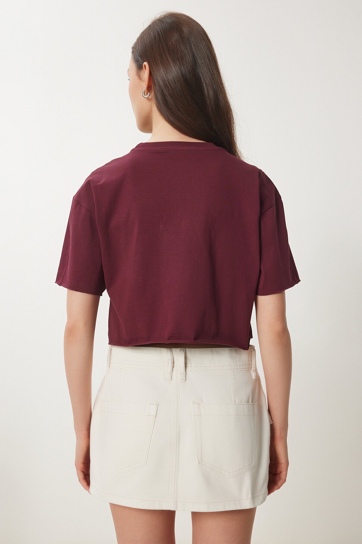 Pamuklu Crop Örme T-Shirt BORDO LCR0018
