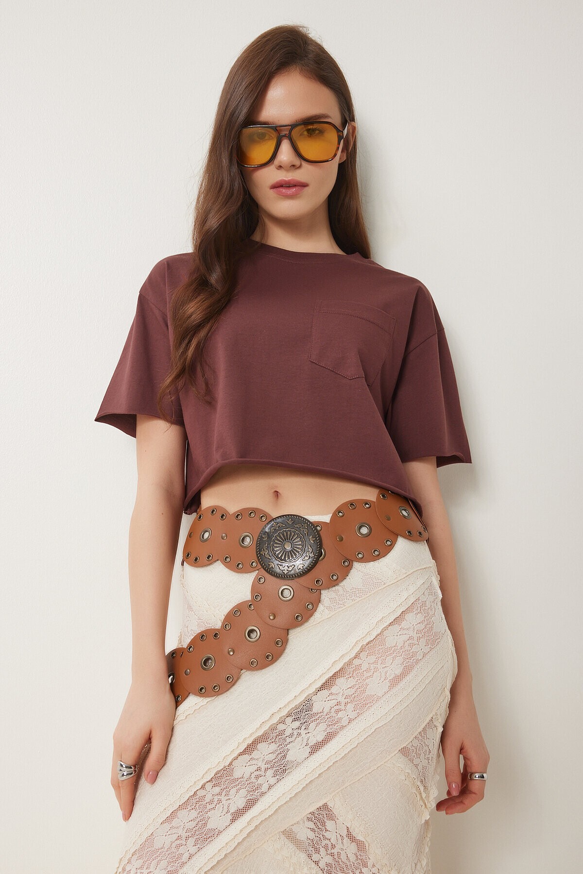 Pamuklu Crop Örme T-Shirt KAHVERENGİ LCR0018