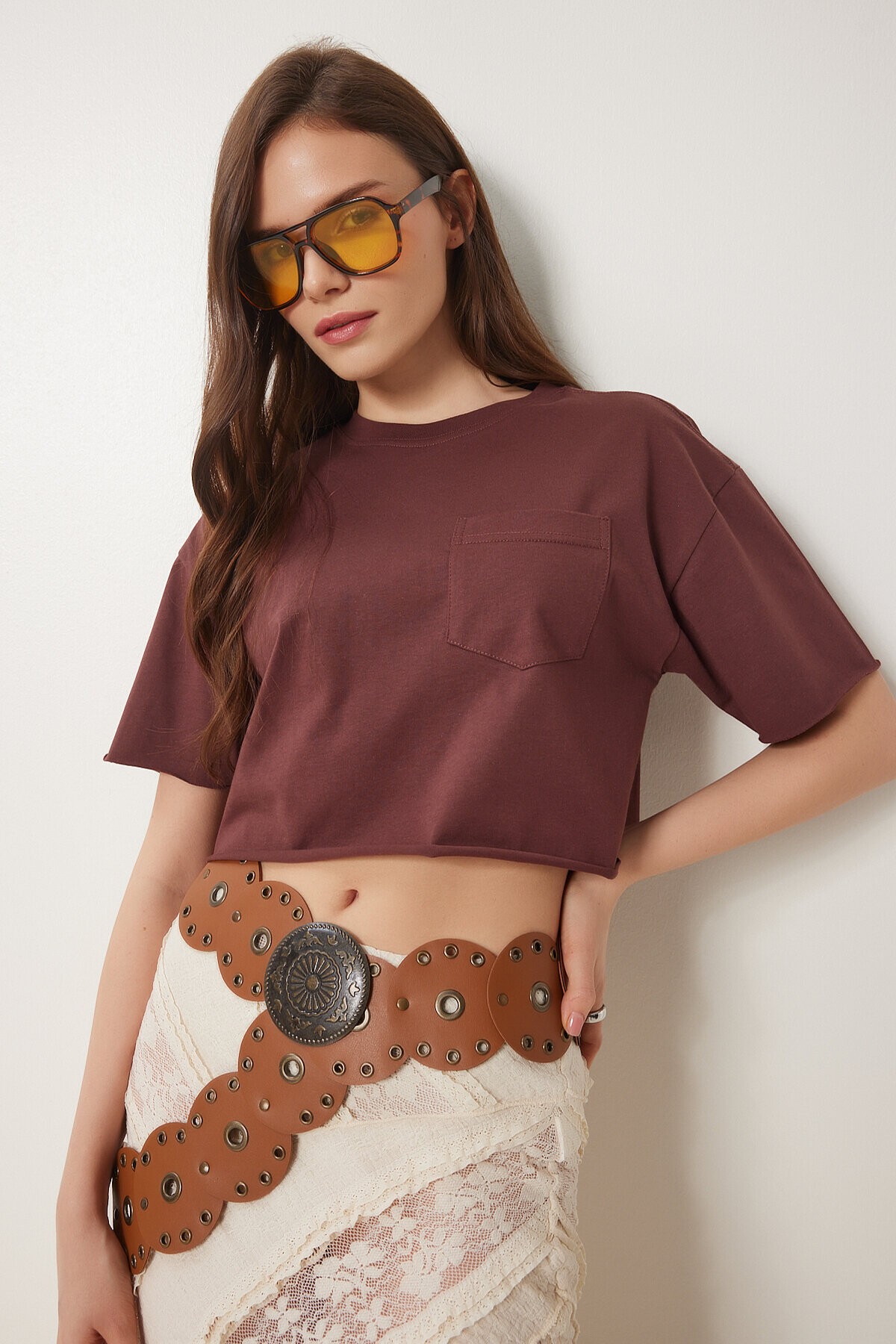 Pamuklu Crop Örme T-Shirt KAHVERENGİ LCR0018
