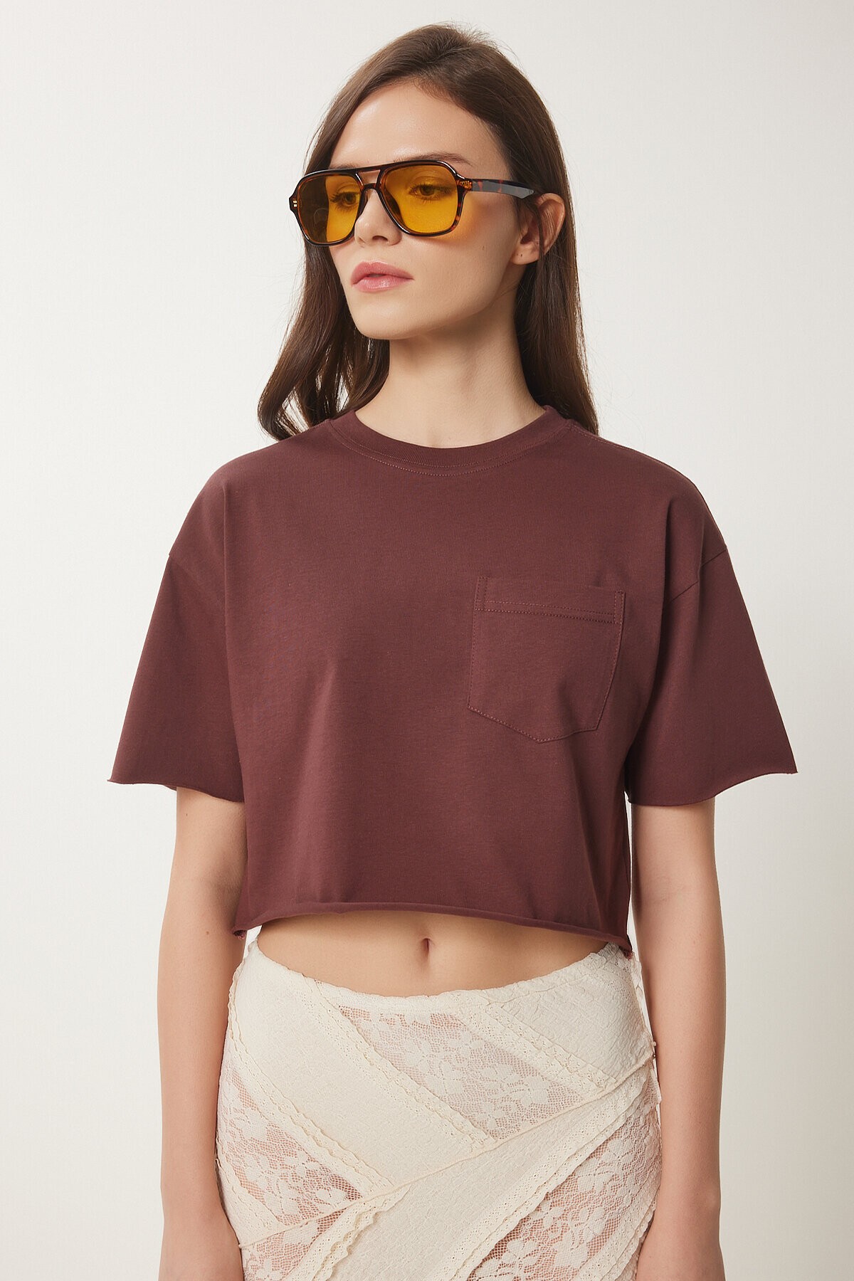Pamuklu Crop Örme T-Shirt KAHVERENGİ LCR0018