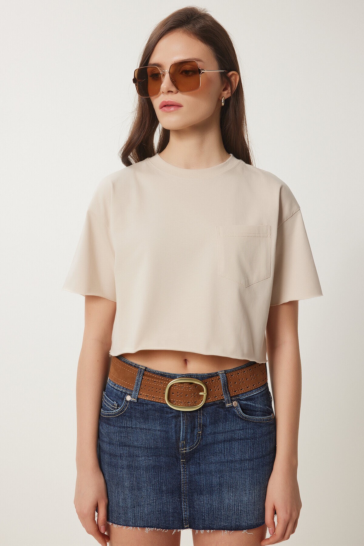 Pamuklu Crop Örme T-Shirt KREM LCR0018