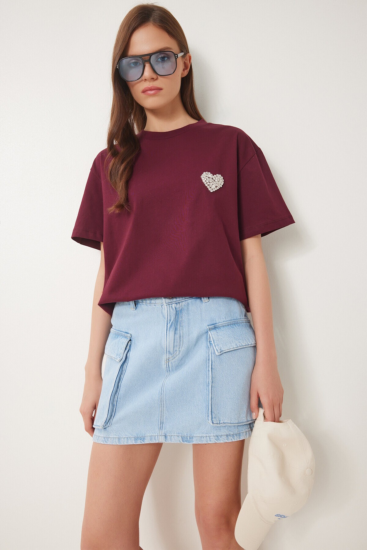 Şık Taşlı Kalp Detaylı Örme T-shirt BORDO LCR0066