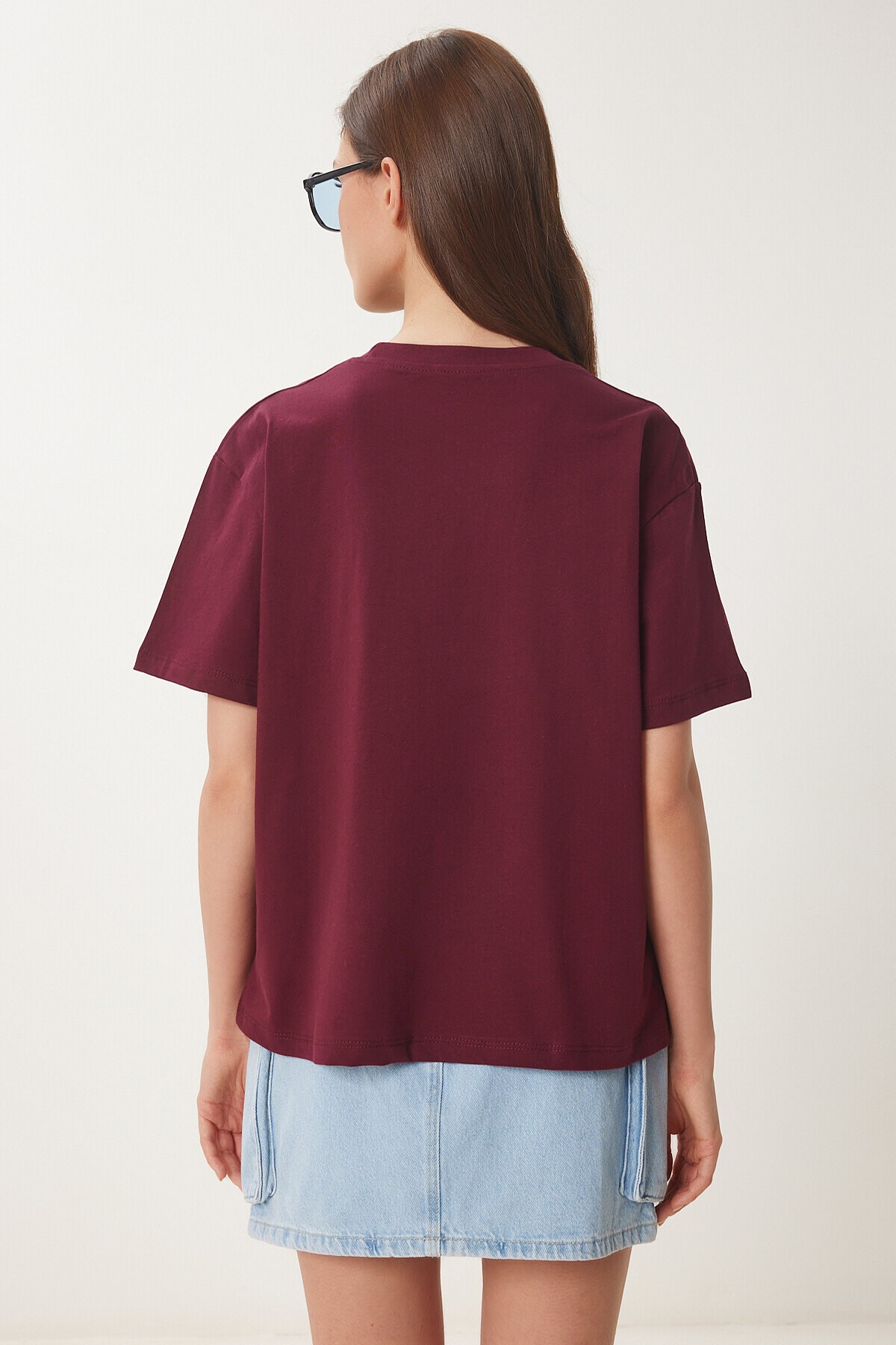 Şık Taşlı Kalp Detaylı Örme T-shirt BORDO LCR0066