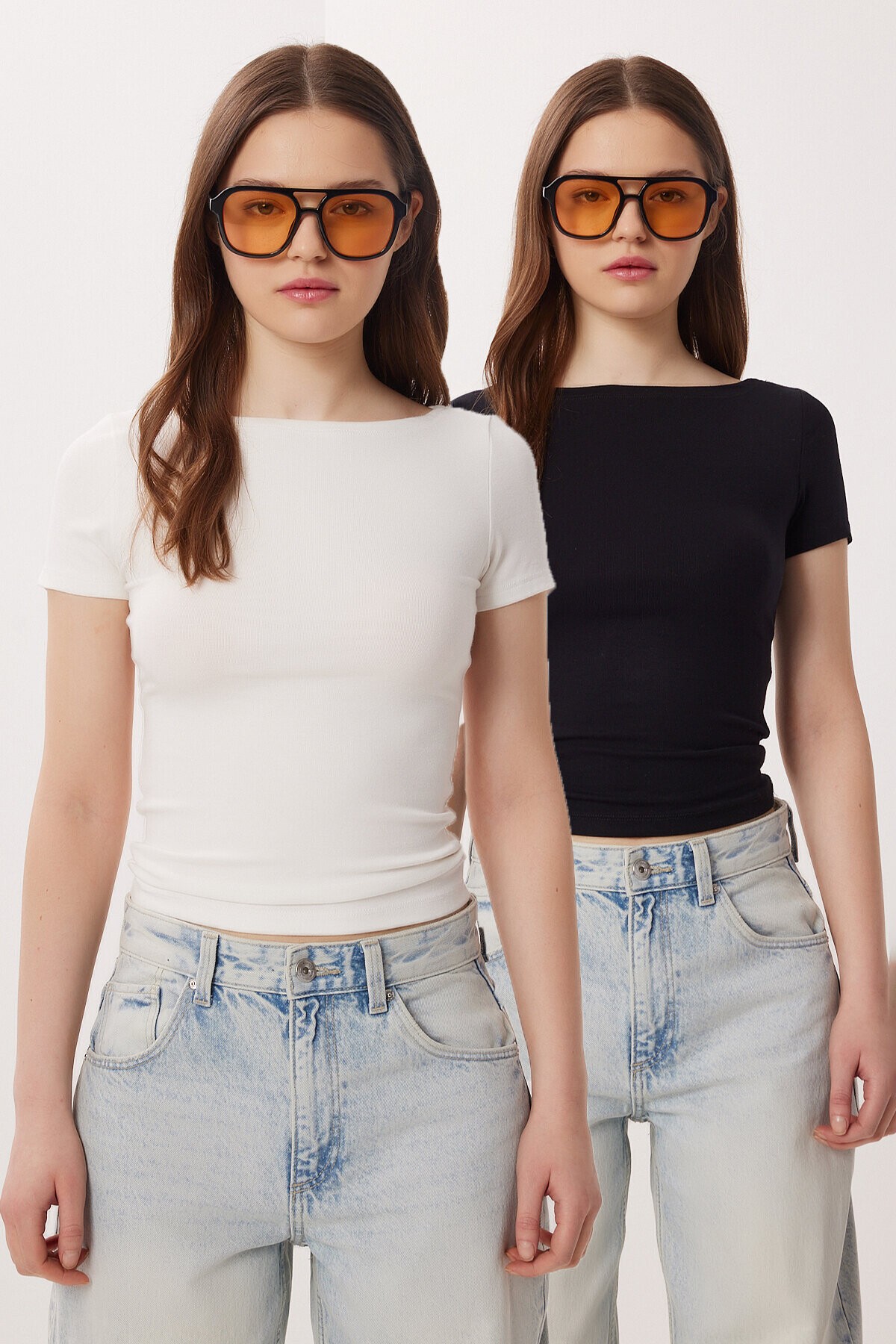2’li Paket Kayık Yaka Basic Örme Bluz SİYAH KEMİK LDZ0064