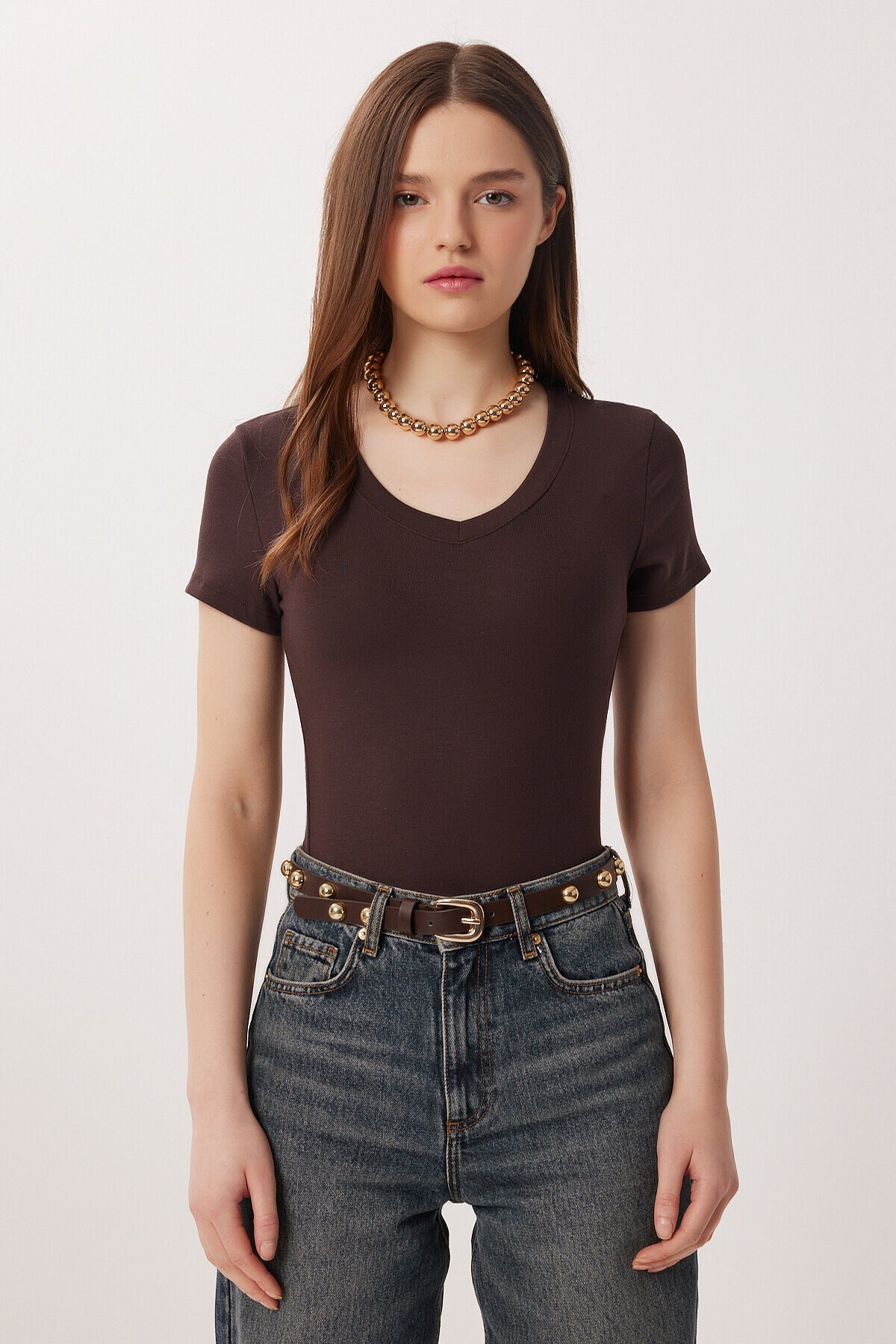 2’li Paket V Yaka Basic Örme T-shirt KAHVERENGİ KEMİK LDZ0068