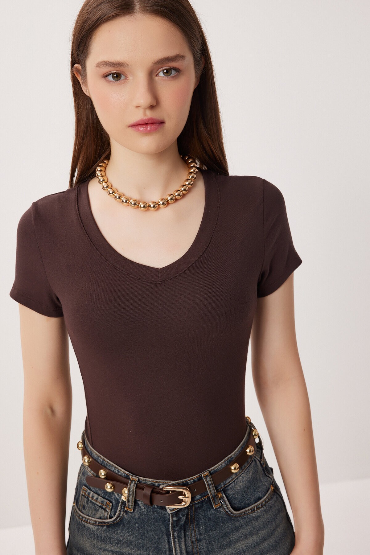 2’li Paket V Yaka Basic Örme T-shirt KAHVERENGİ KEMİK LDZ0068