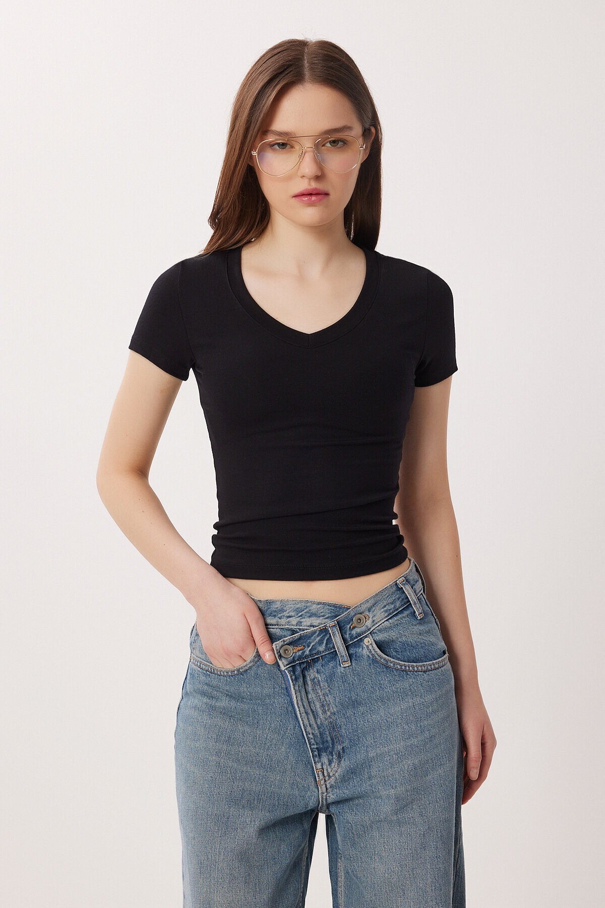 2’li Paket V Yaka Basic Örme T-shirt SİYAH KEMİK LDZ0068