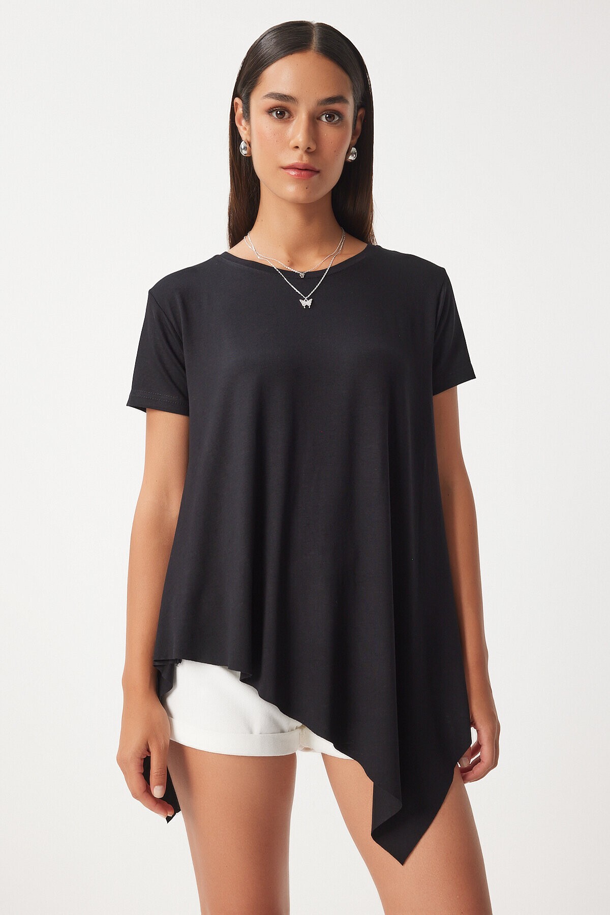 Asimetrik Örme T-shirt SİYAH LEN0005