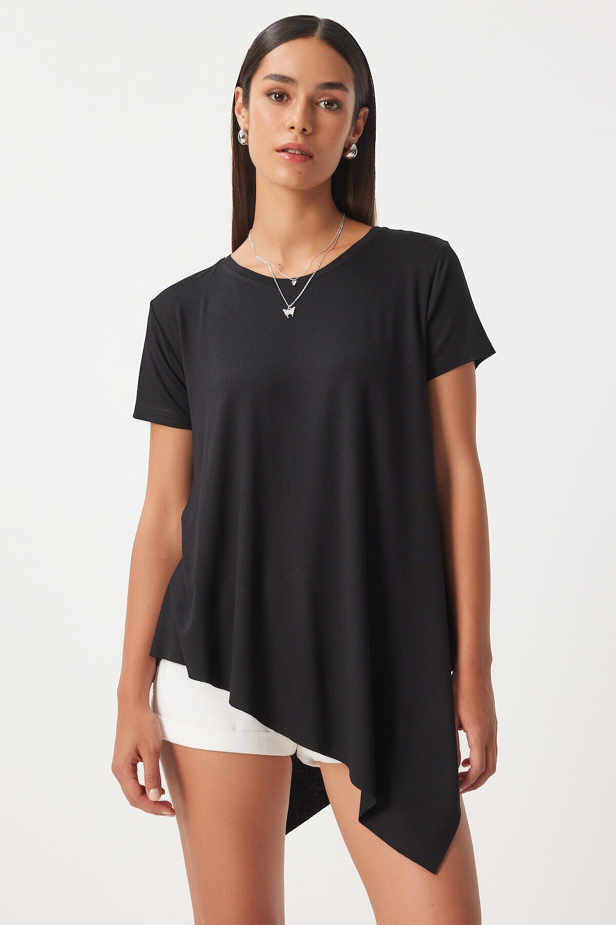 Asimetrik Örme T-shirt SİYAH LEN0005