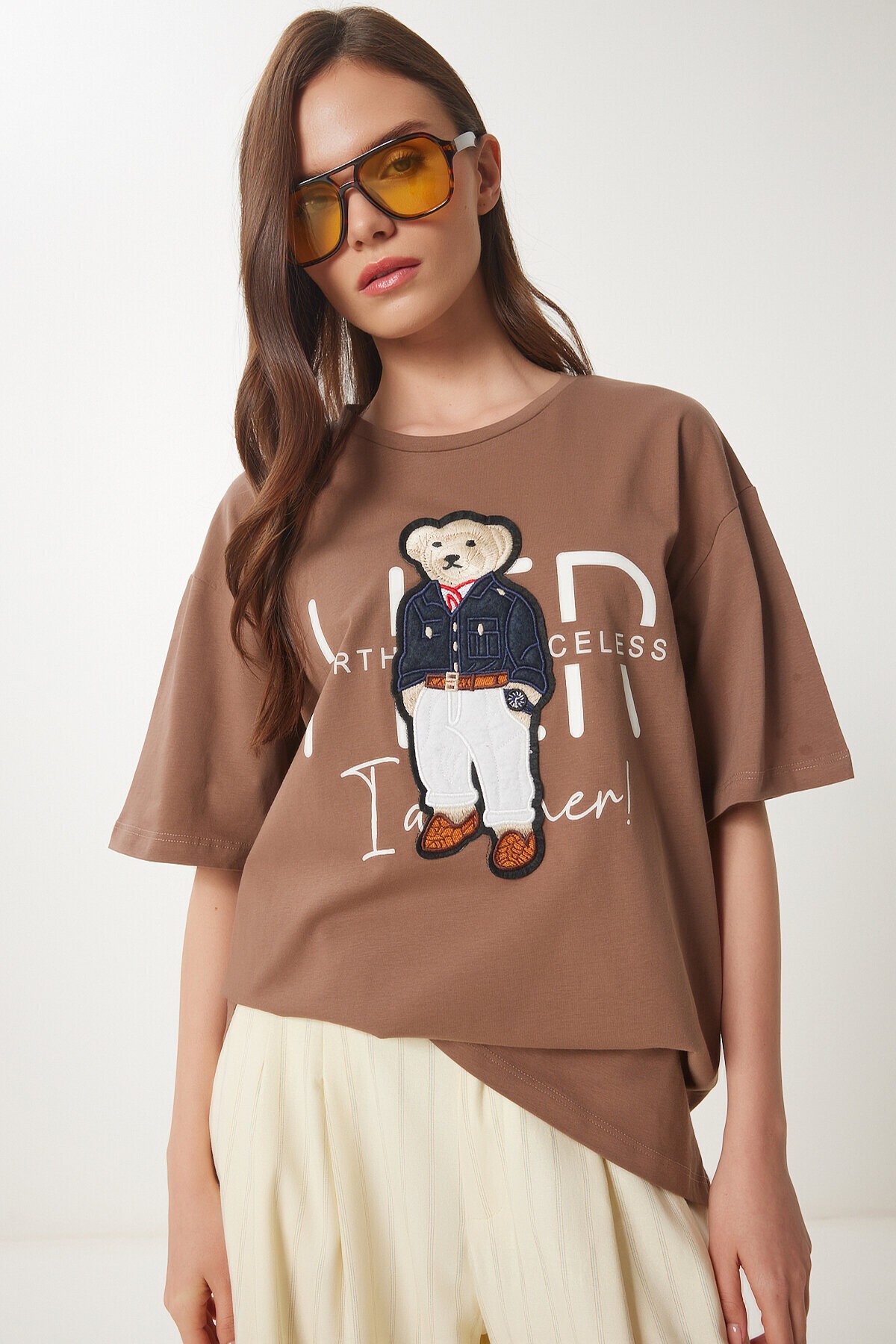Ayıcık Armalı Pamuklu Oversize Örme T-shirt KAHVERENGİ LCR0027