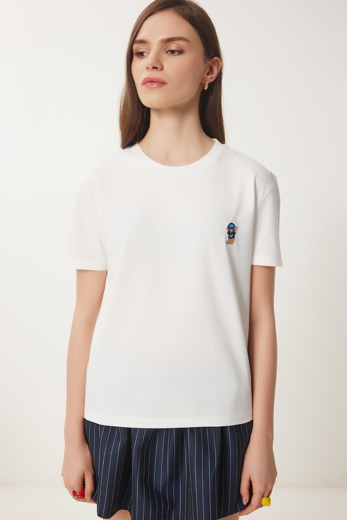 Ayıcık İşlemeli Pamuklu Örme T-shirt EKRU LCR0029