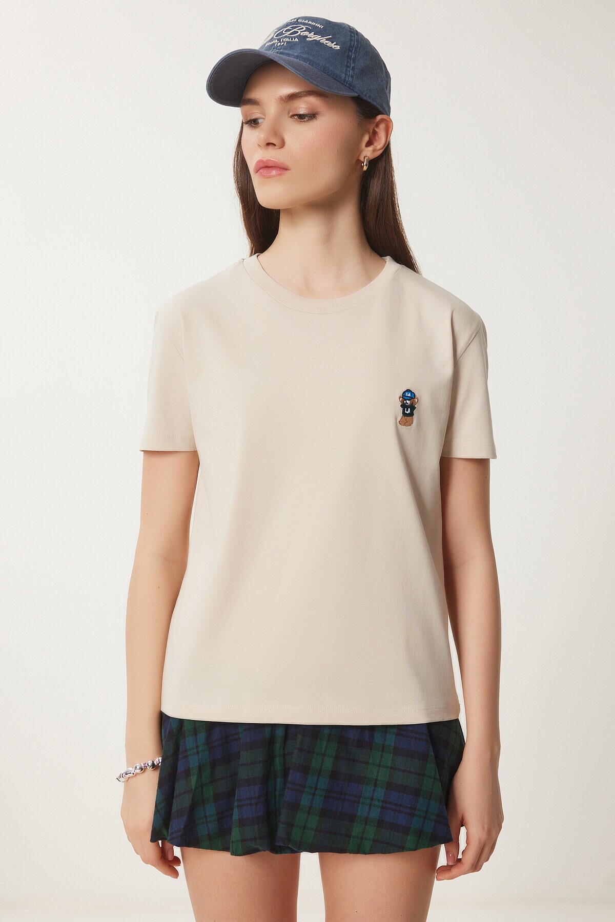 Ayıcık İşlemeli Pamuklu Örme T-shirt KREM LCR0029