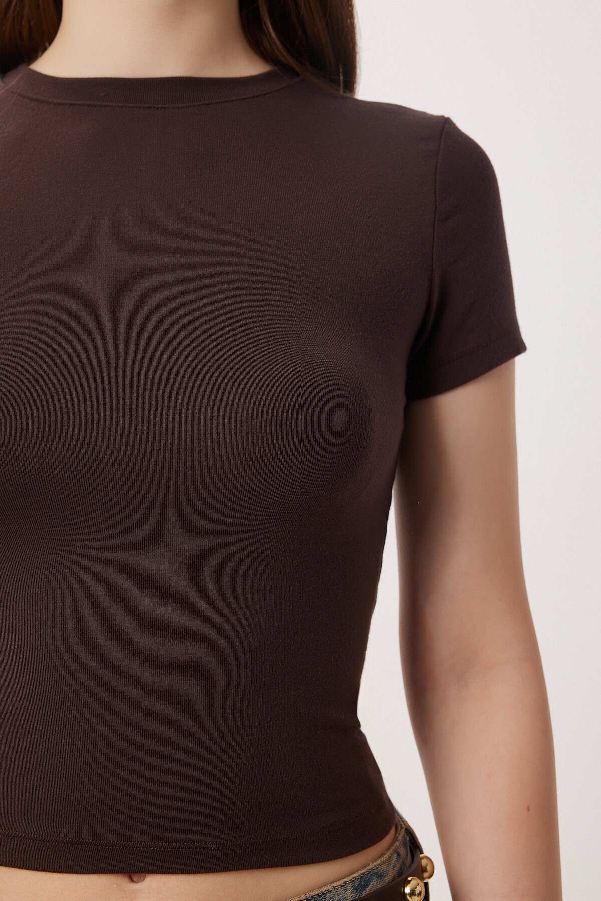 Bisiklet Yaka Basic Örme T-shirt KAHVERENGİ LDZ0067