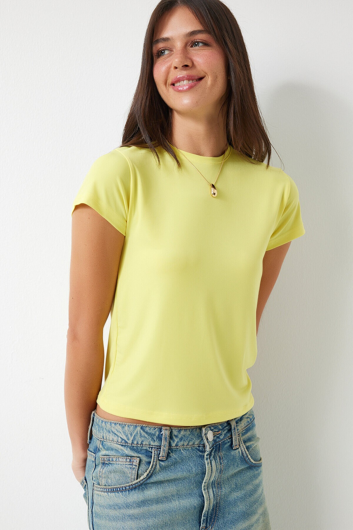 Bisiklet Yaka Kısa Kollu Basic Sandy T-shirt SARI LEN0002