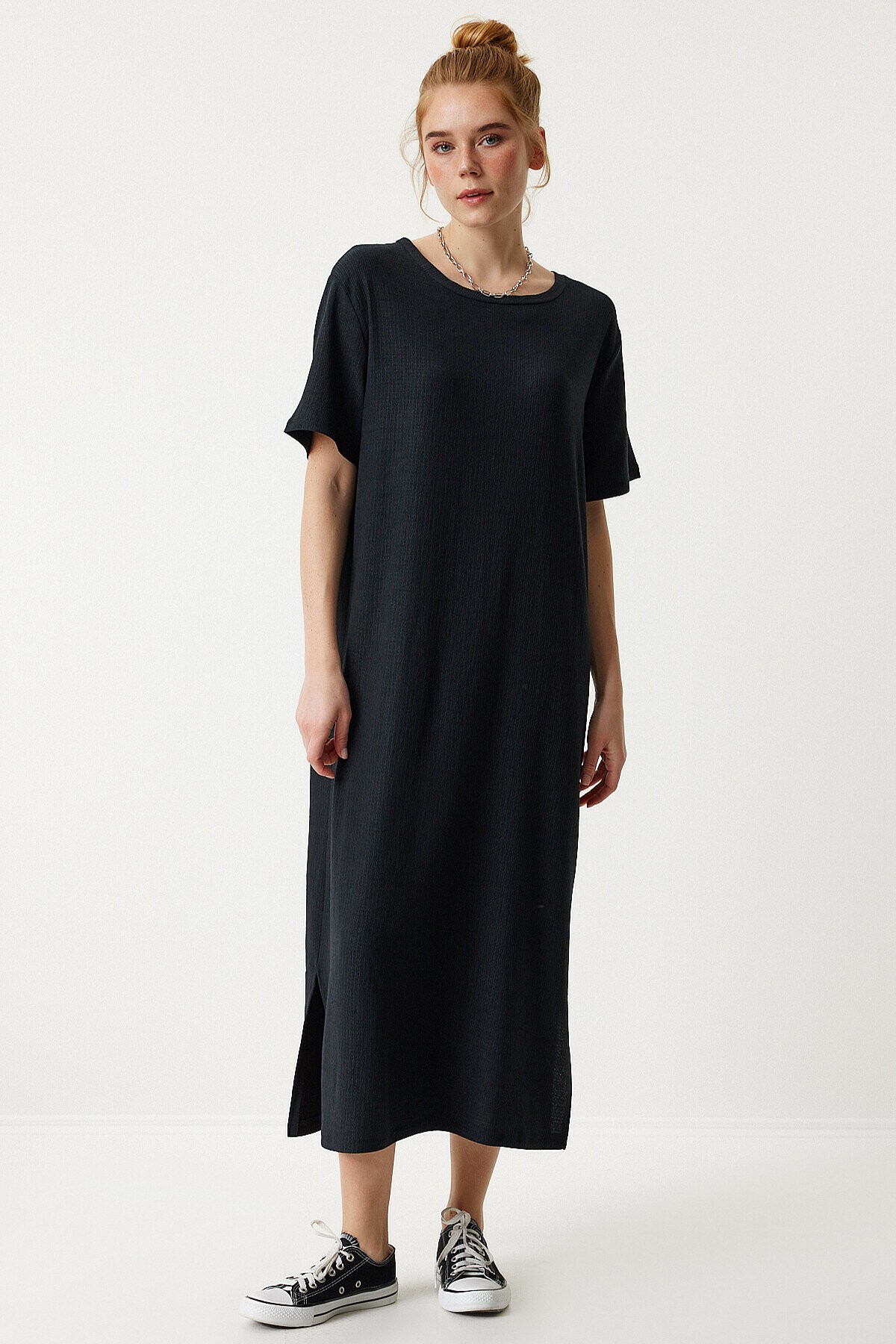 Bol Uzun Yazlık Örme Elbise SİYAH LDZ0002