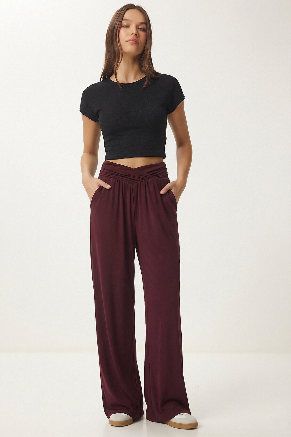 Büzgülü Çapraz Kemerli Örme Pantolon BORDO LCR0112