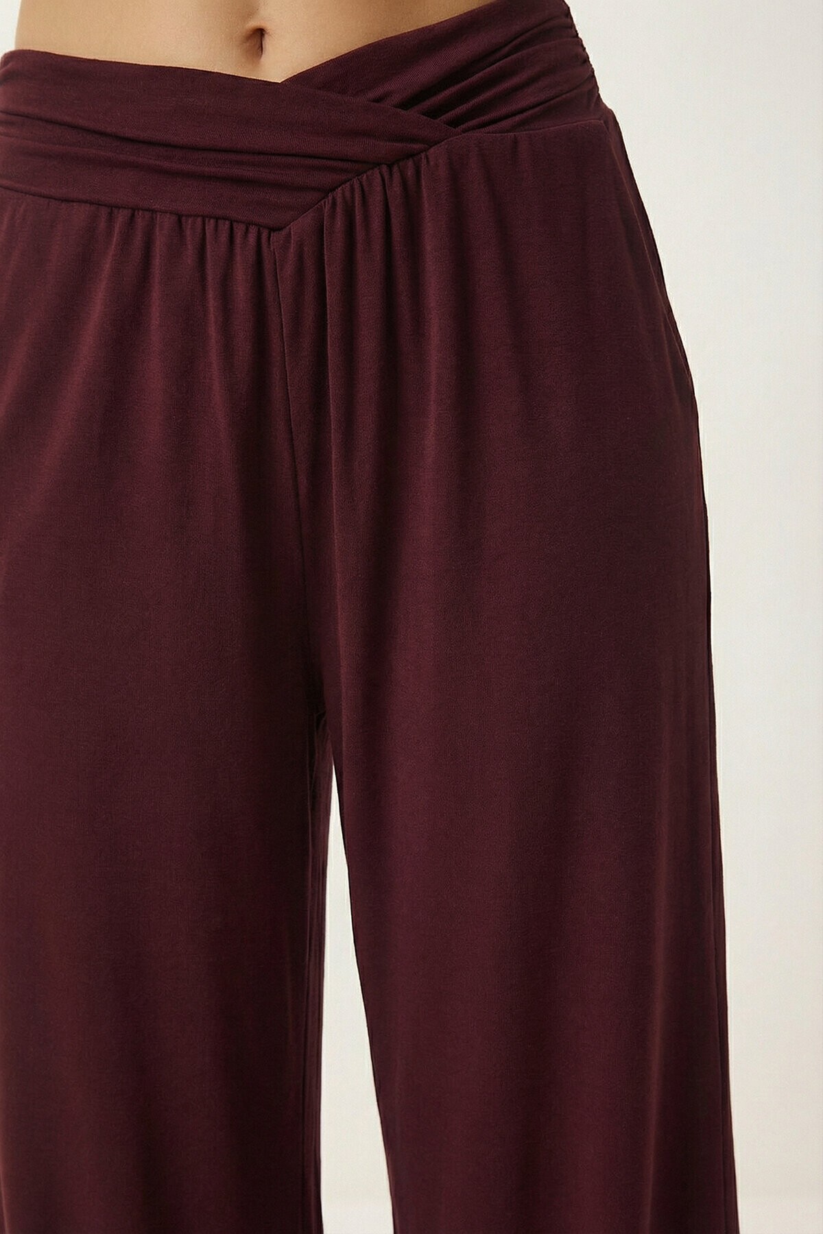 Büzgülü Çapraz Kemerli Örme Pantolon BORDO LCR0112