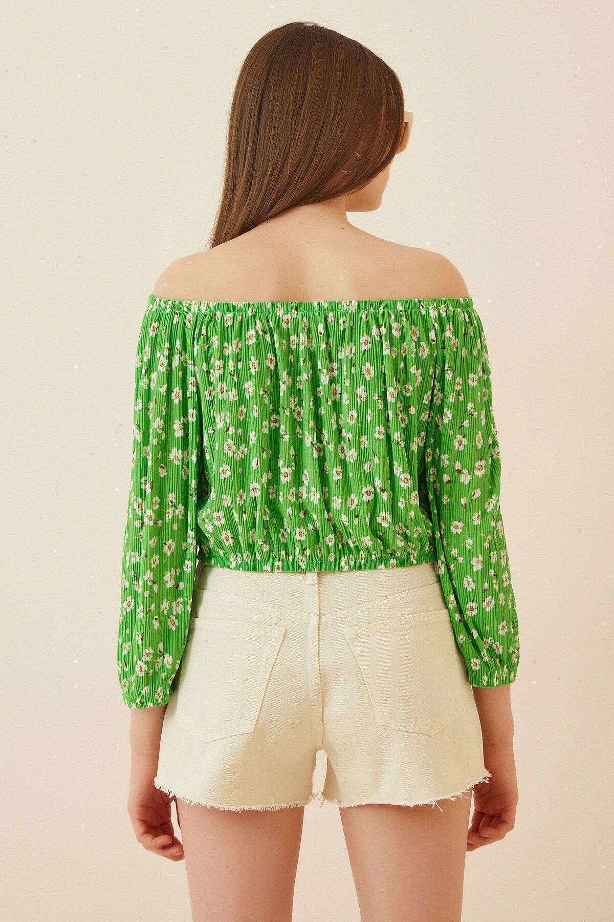 Çiçekli Carmen Yaka Crop Bluz YEŞİL LBZ0001