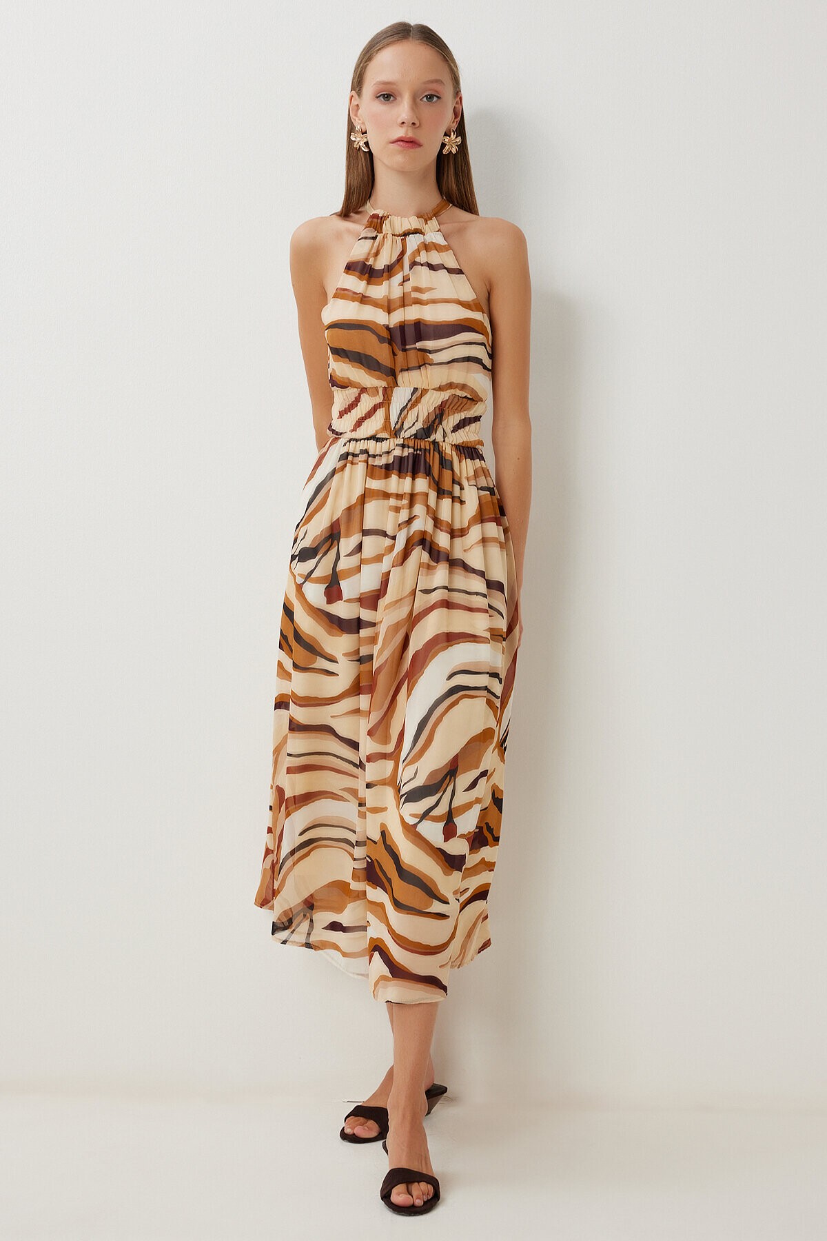 Desenli Midi Şifon Elbise CAMEL BEJ LFG0079