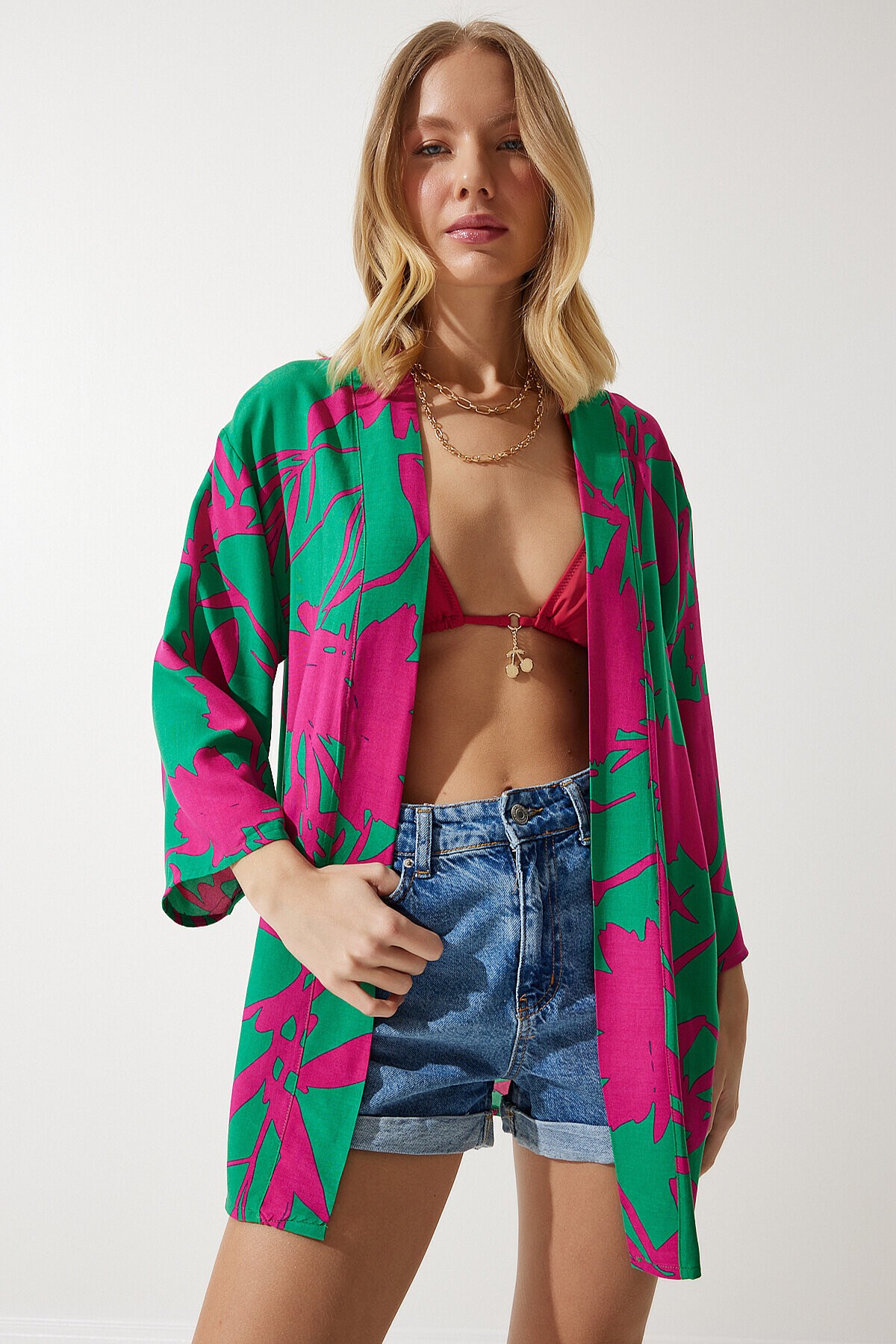 Desenli Viskon Kimono YEŞİL PEMBE LEN0004