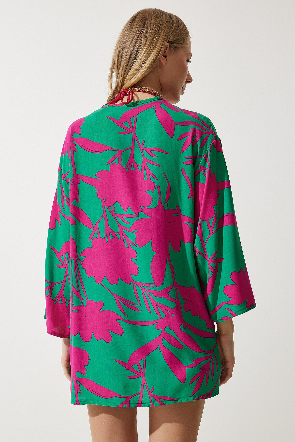 Desenli Viskon Kimono YEŞİL PEMBE LEN0004