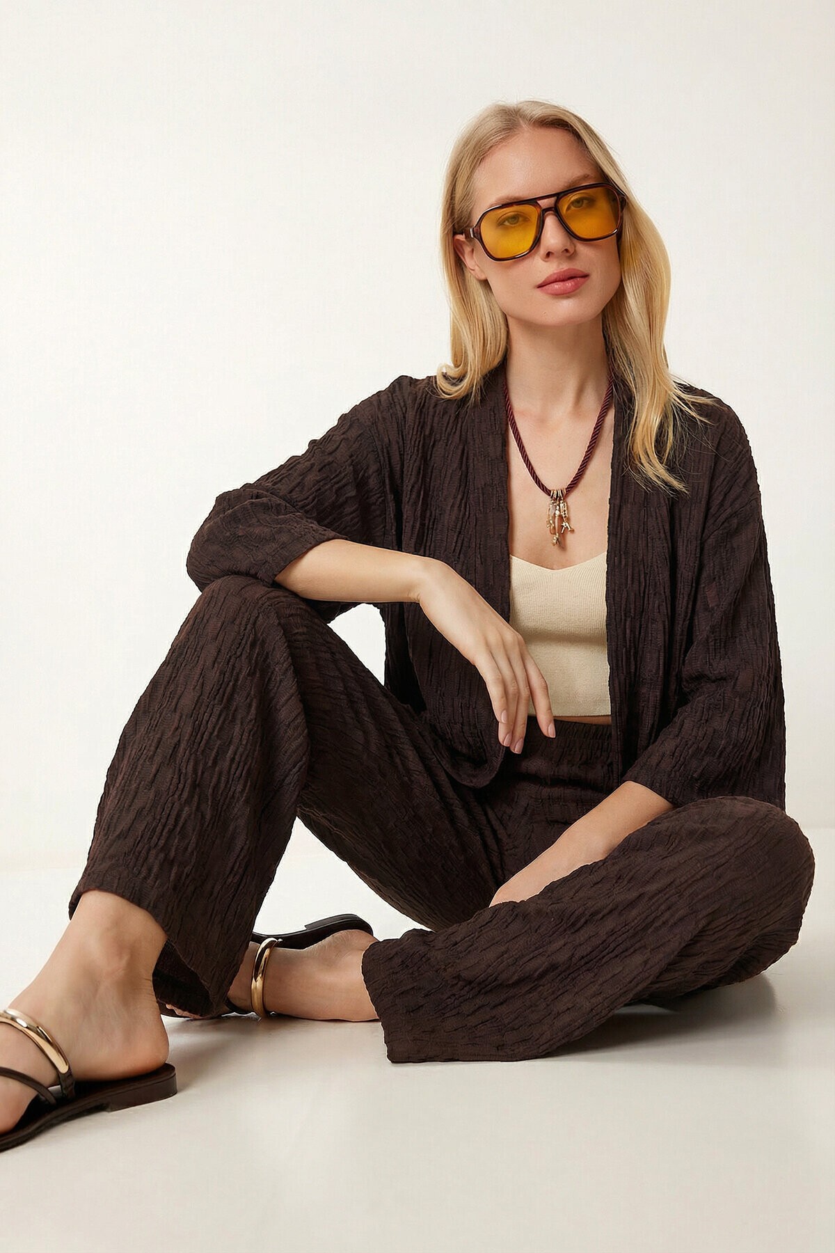 Dokulu Oversize Örme Kimono Takım KAHVERENGİ LBY0041
