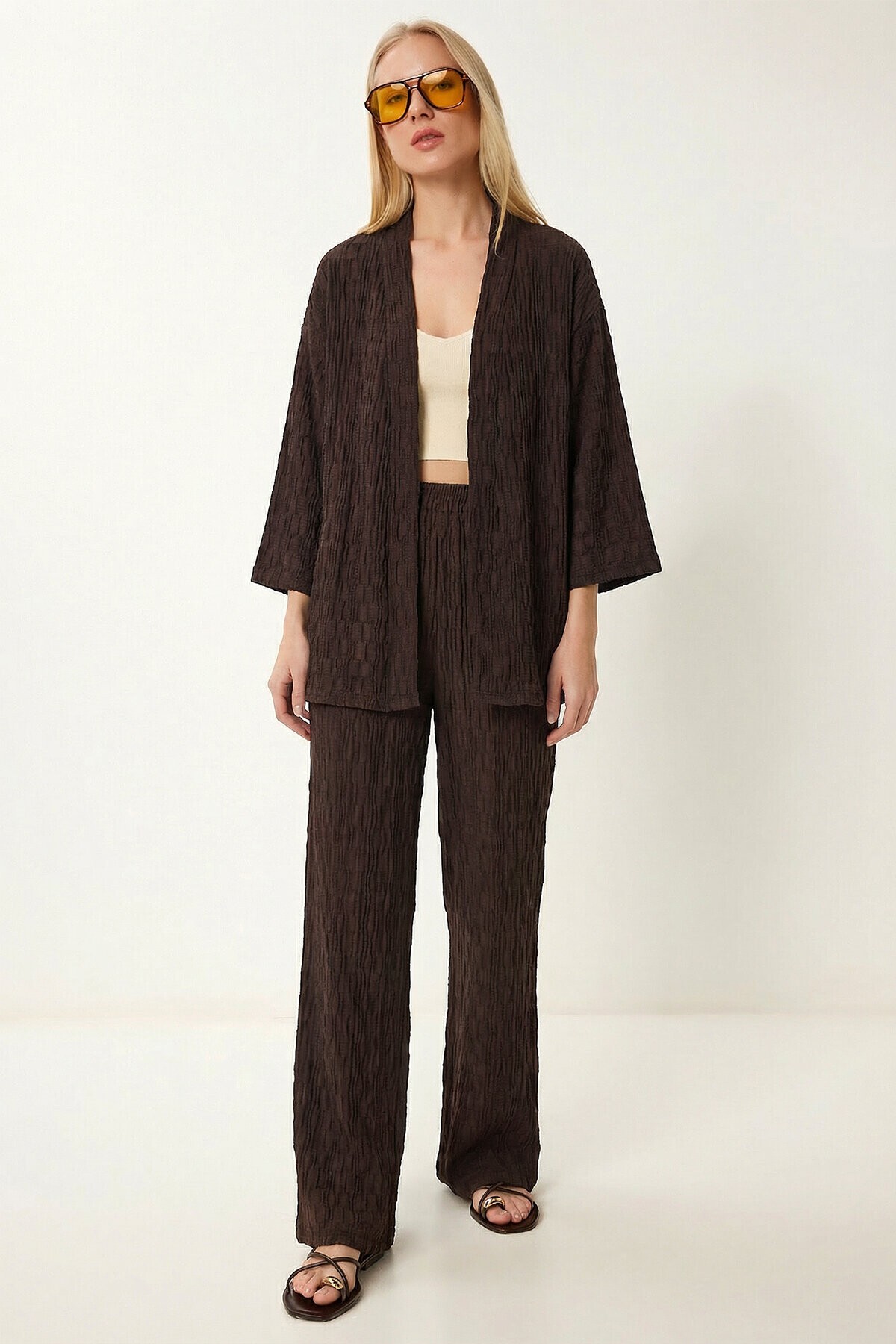 Dokulu Oversize Örme Kimono Takım KAHVERENGİ LBY0041