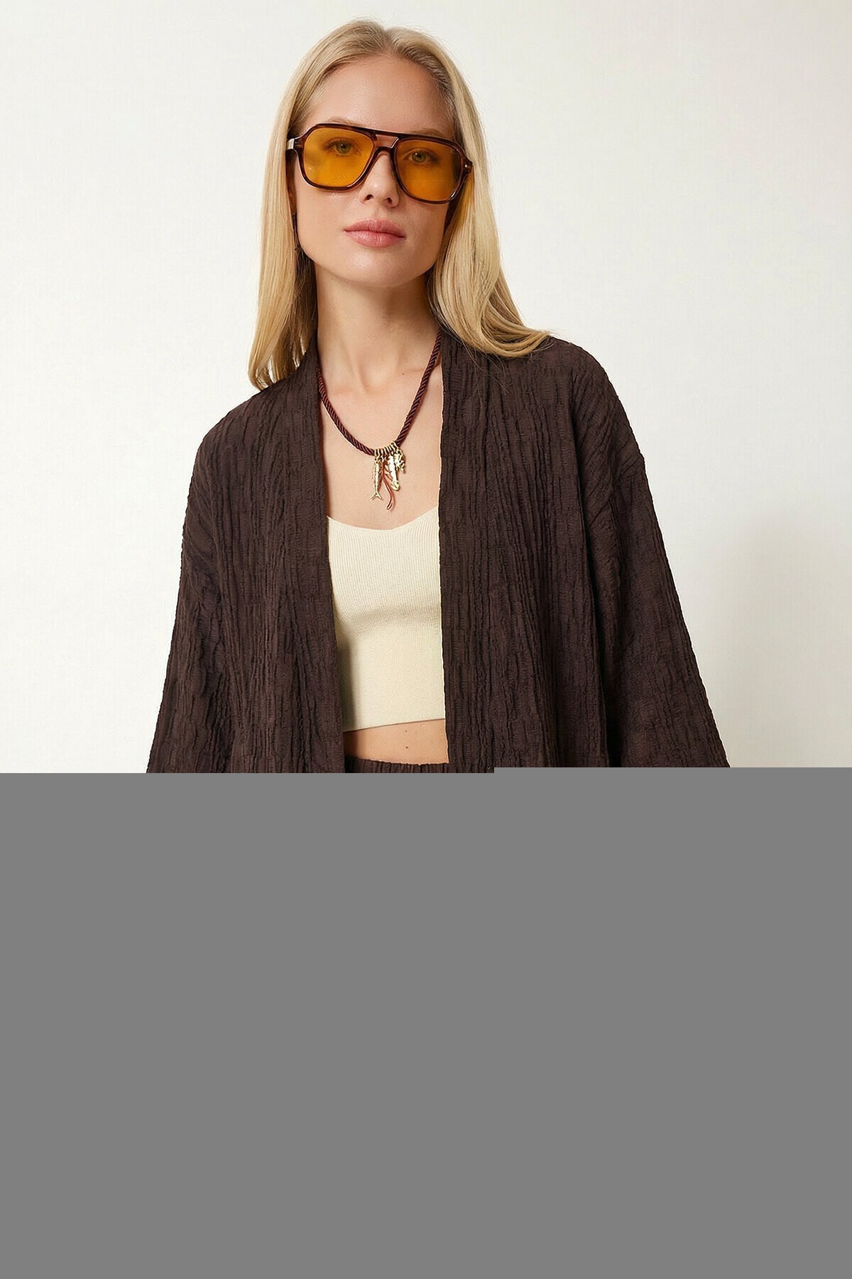 Dokulu Oversize Örme Kimono Takım KAHVERENGİ LBY0041