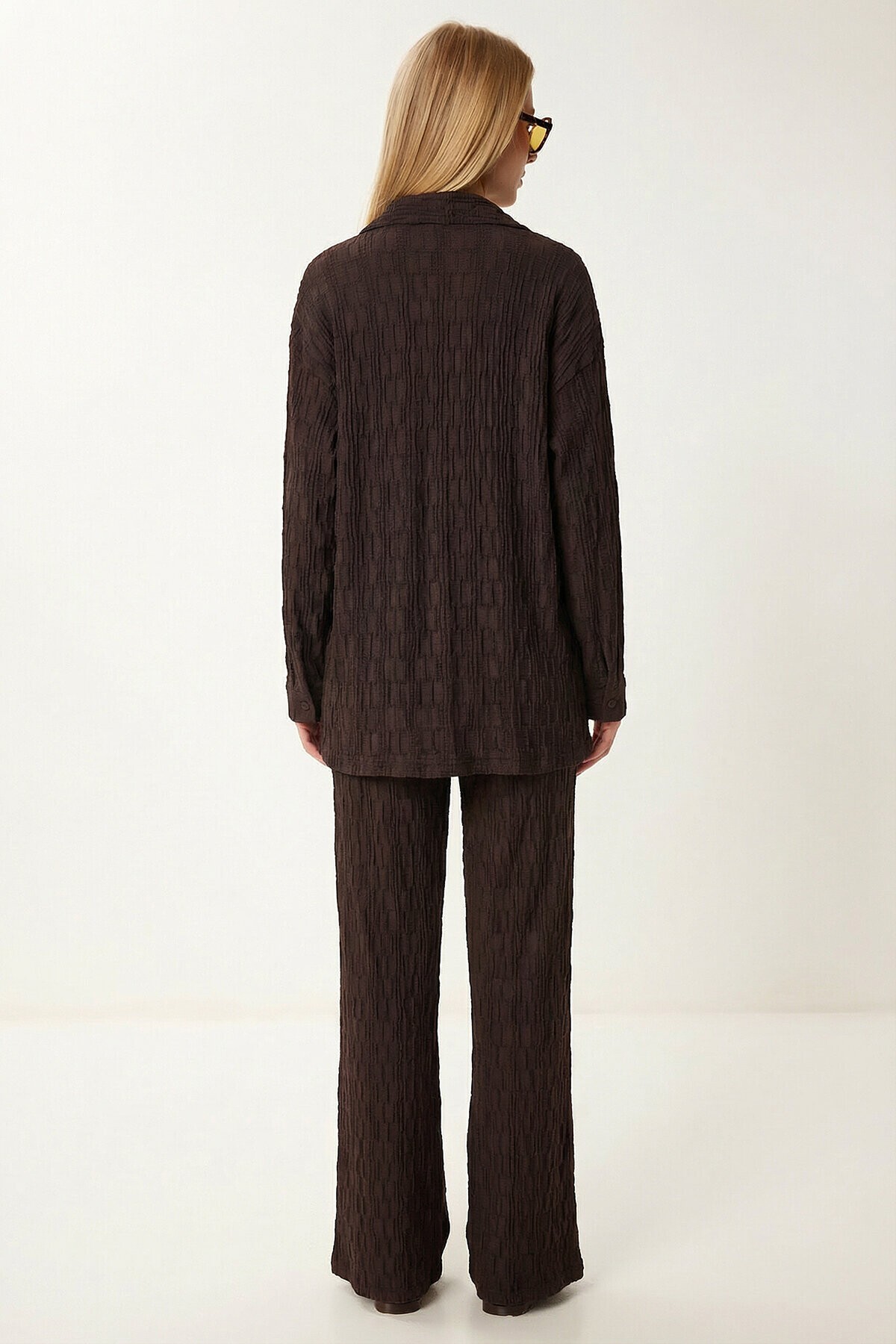 Dokulu Oversize Örme Kimono Takım KAHVERENGİ LBY0041