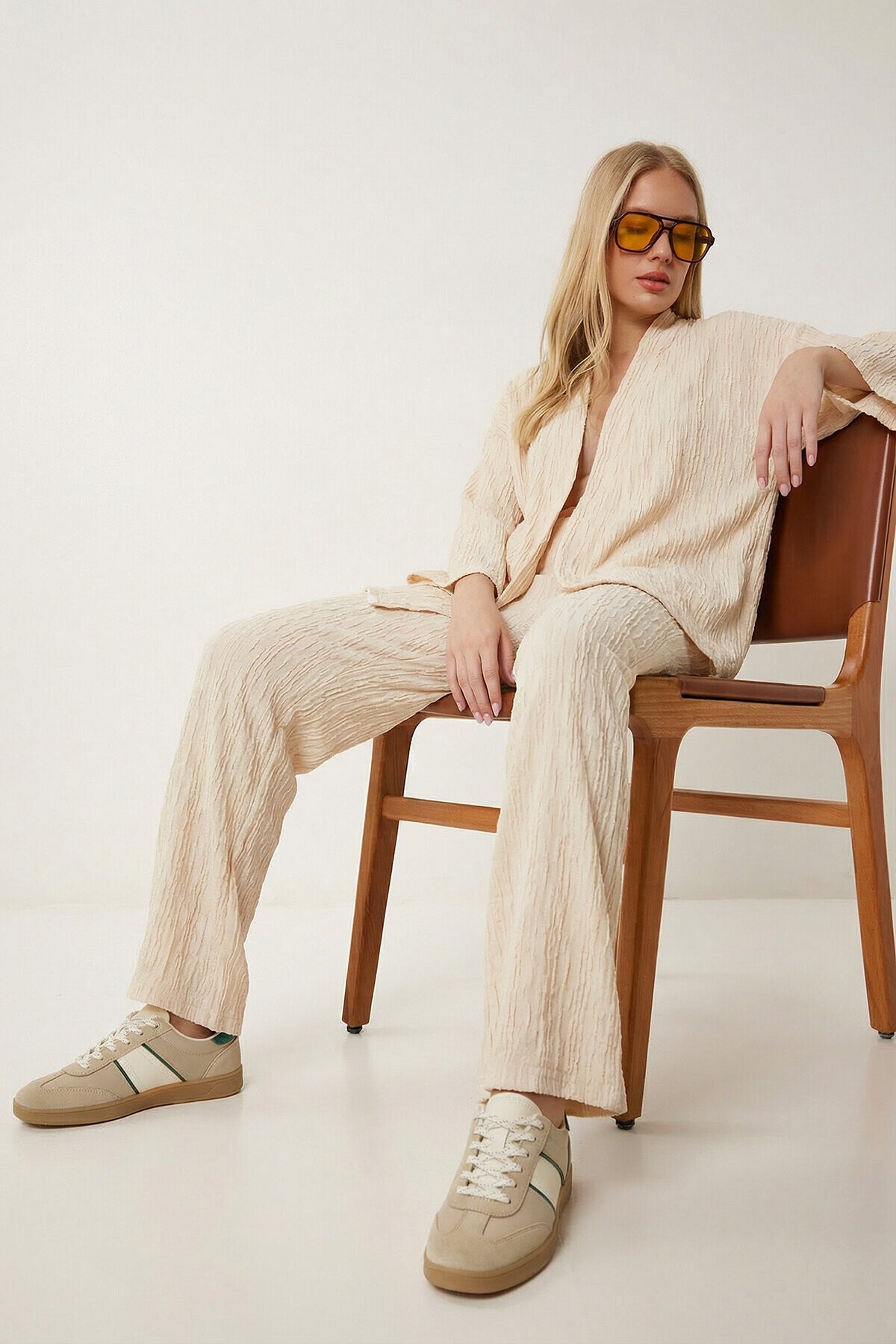 Dokulu Oversize Örme Kimono Takım KREM LBY0041
