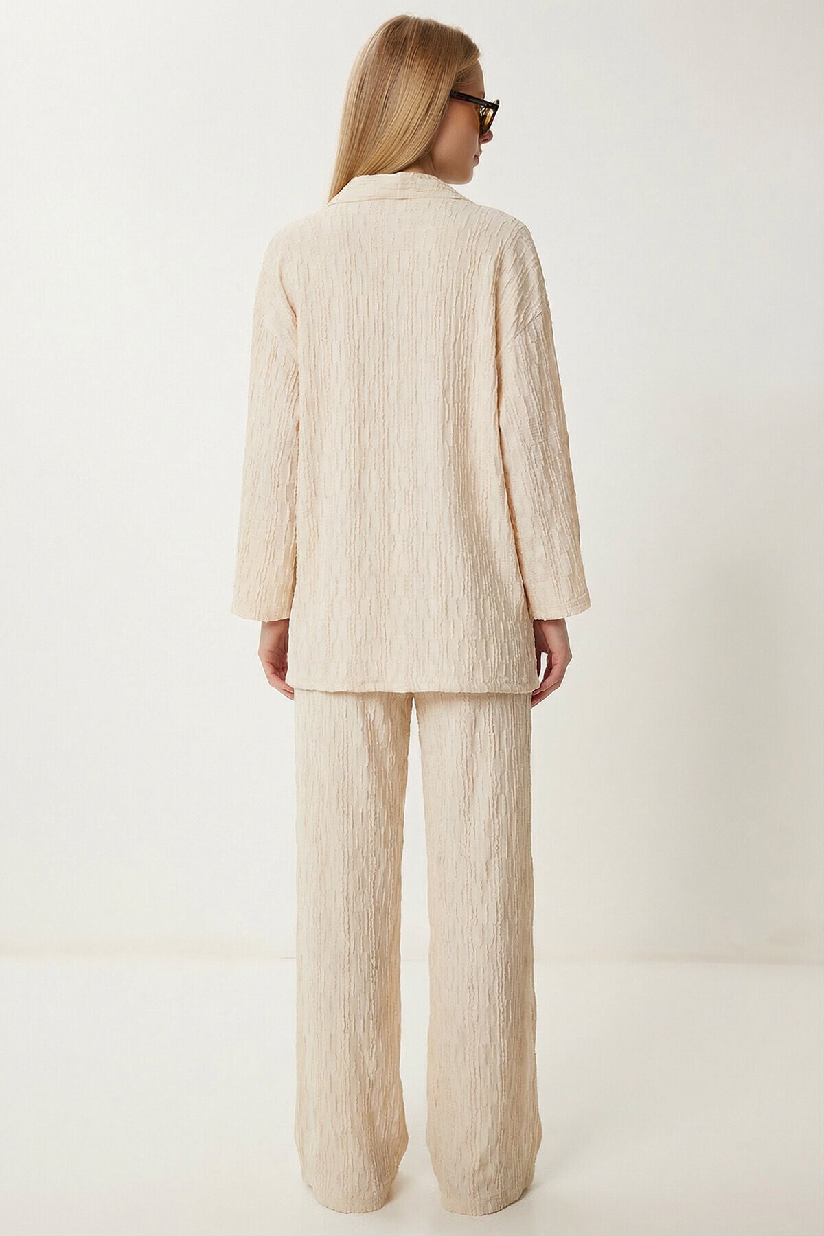 Dokulu Oversize Örme Kimono Takım KREM LBY0041