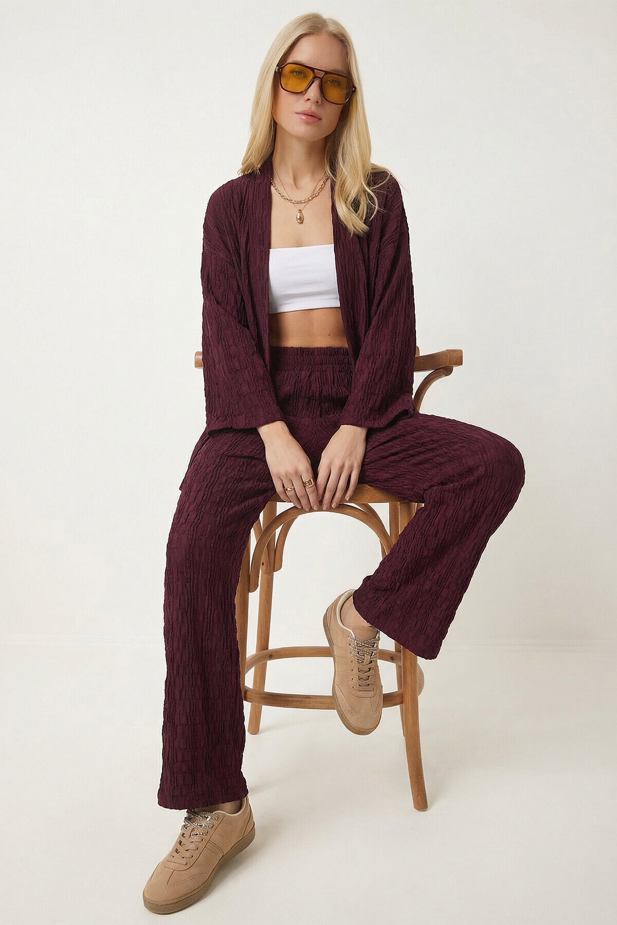 Dokulu Oversize Örme Kimono Takım MÜRDÜM LBY0041